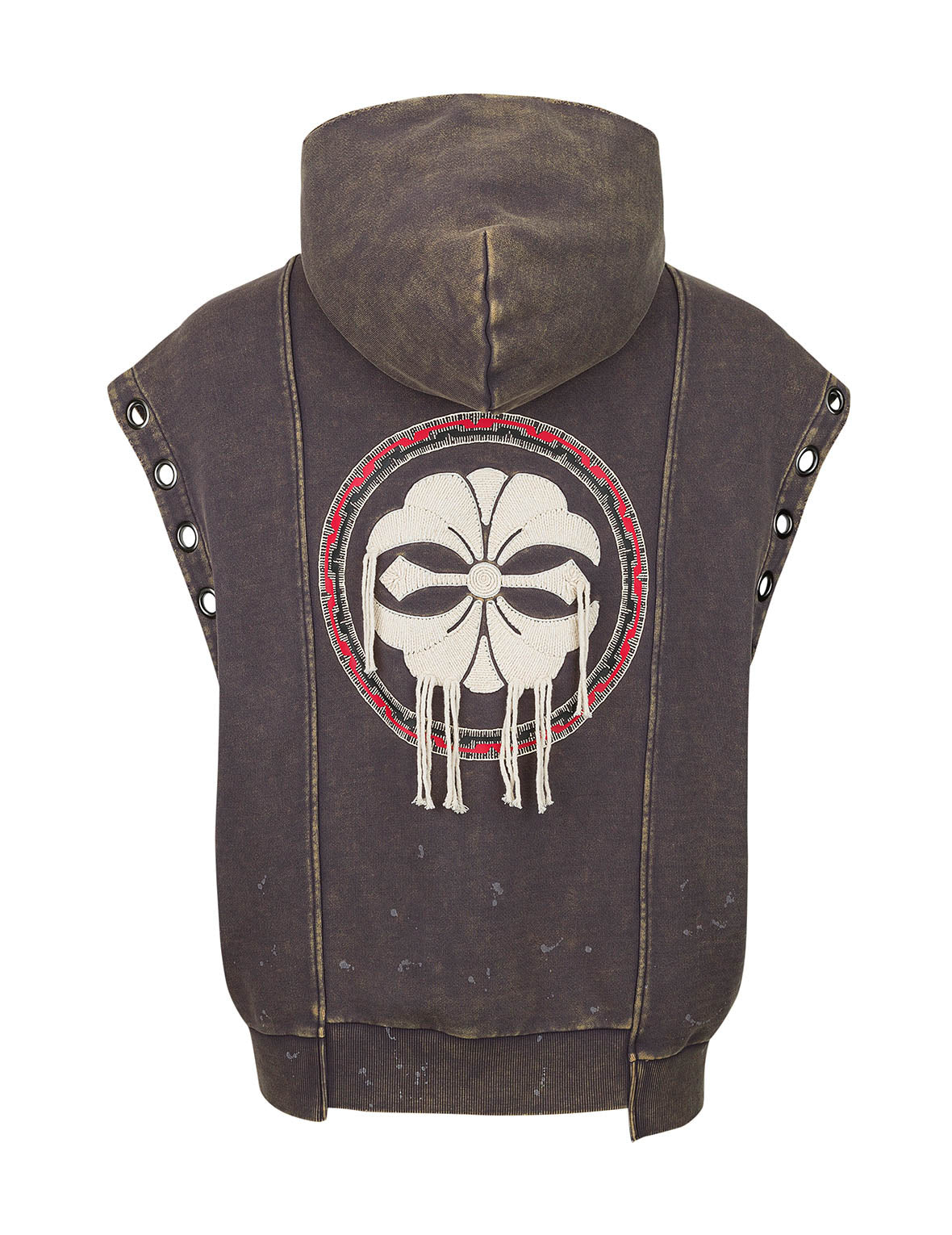 Washed Deconstructed Totem Kamon Embroidery Fashion Fit Hoodie Vest