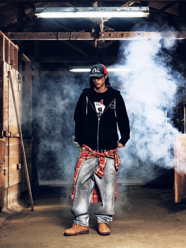 Poker Spade Embroidery Zip-up Hoodie - Black