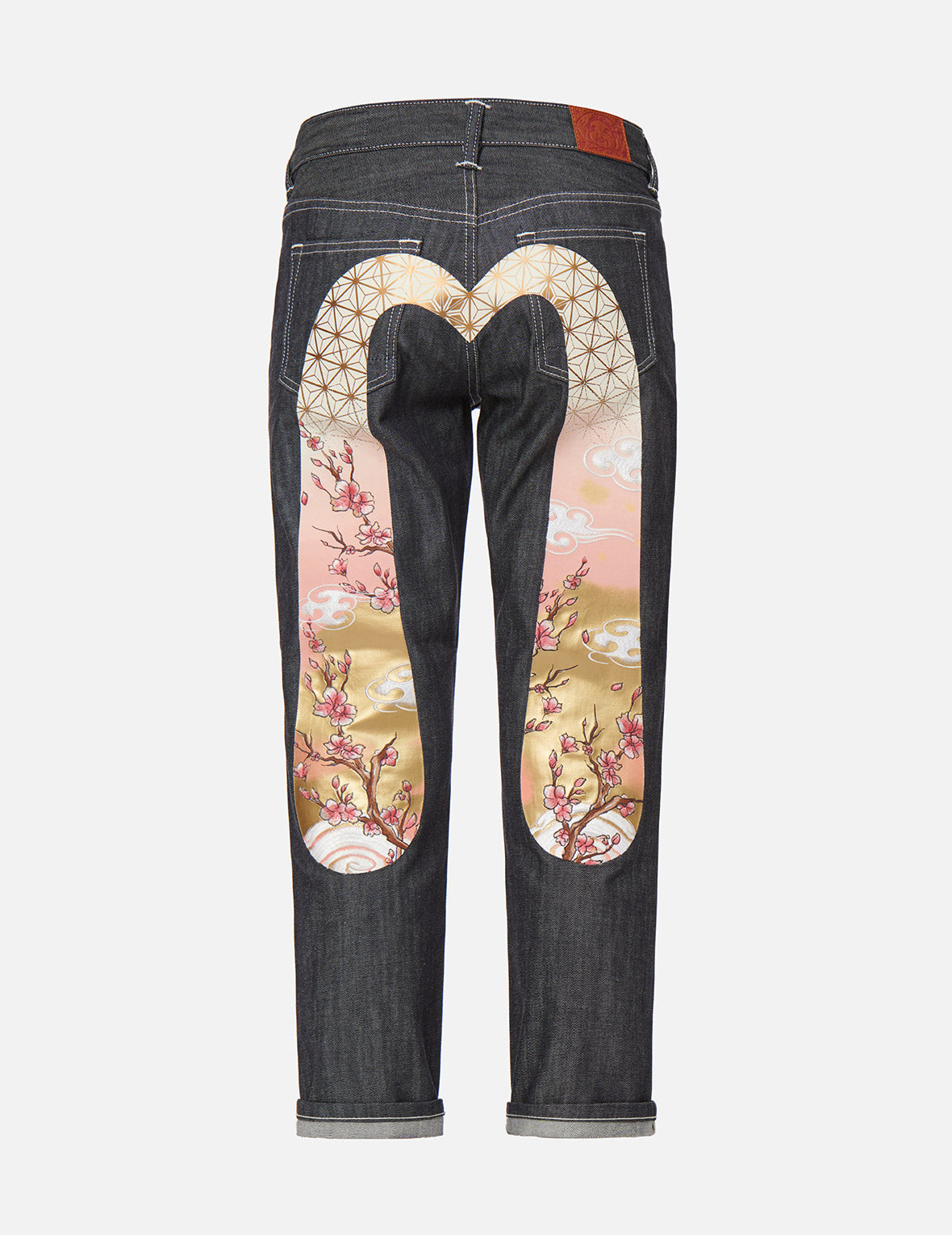 櫻花刺繡與織錦圖案大M男友款牛仔褲