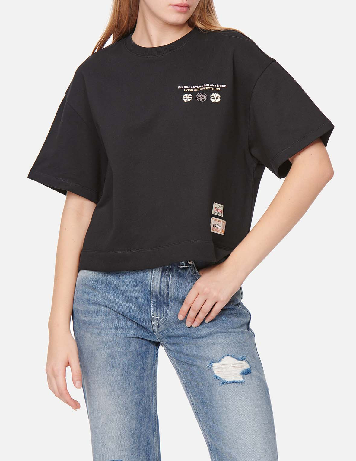 Kamon and Logo Print Drop-shoulder Cropped Sweatshirt