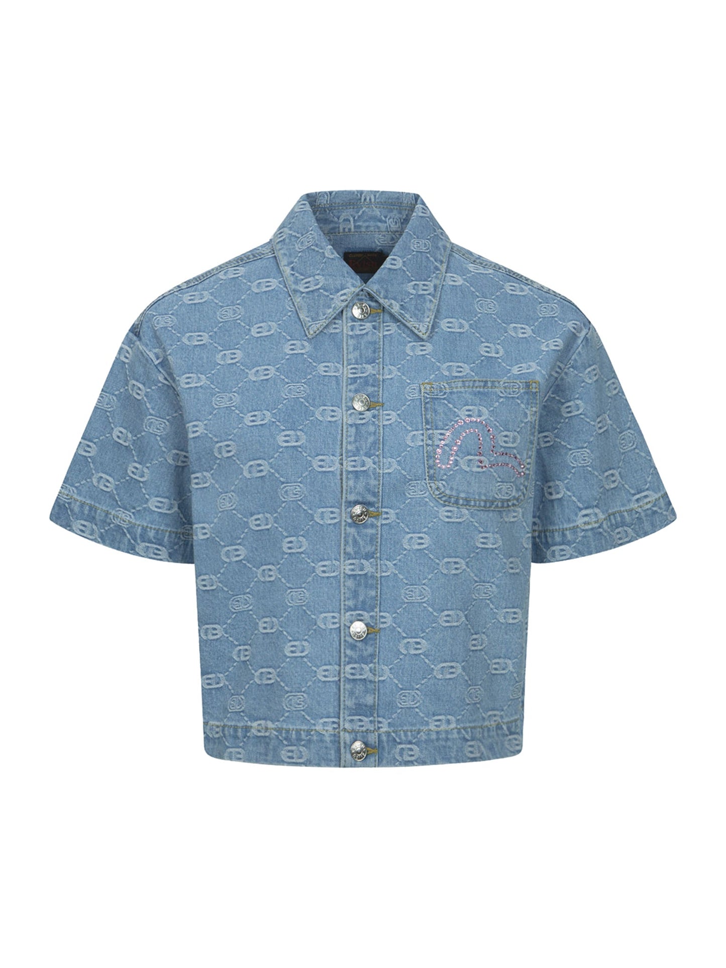 Allover Logo Jacquard and Rhinestone Seagull Fashion Fit Denim Shirt
