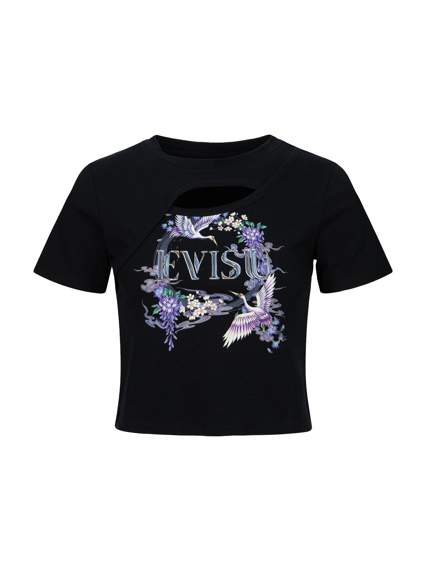 Cranes and Wisteria Print Fashion Fit Cut-out T-Shirt