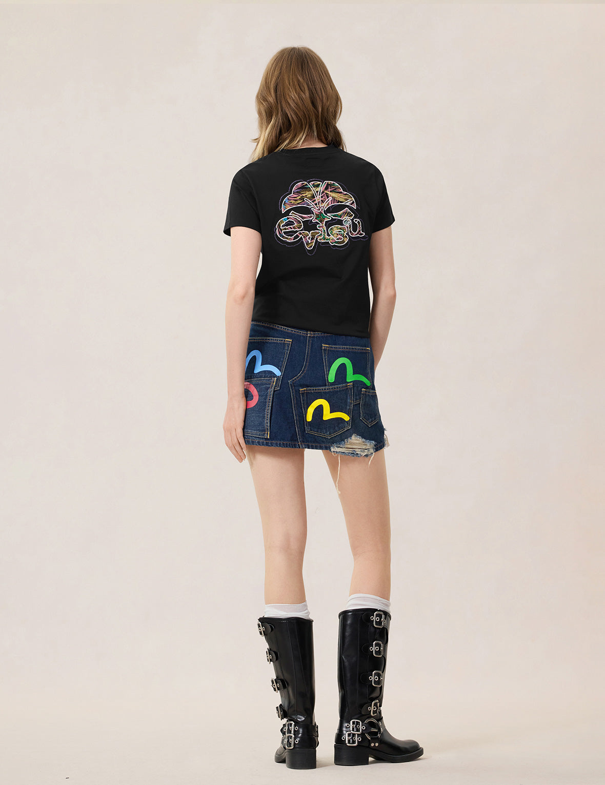 Seagull Print Multi-Pocket Denim Skirt