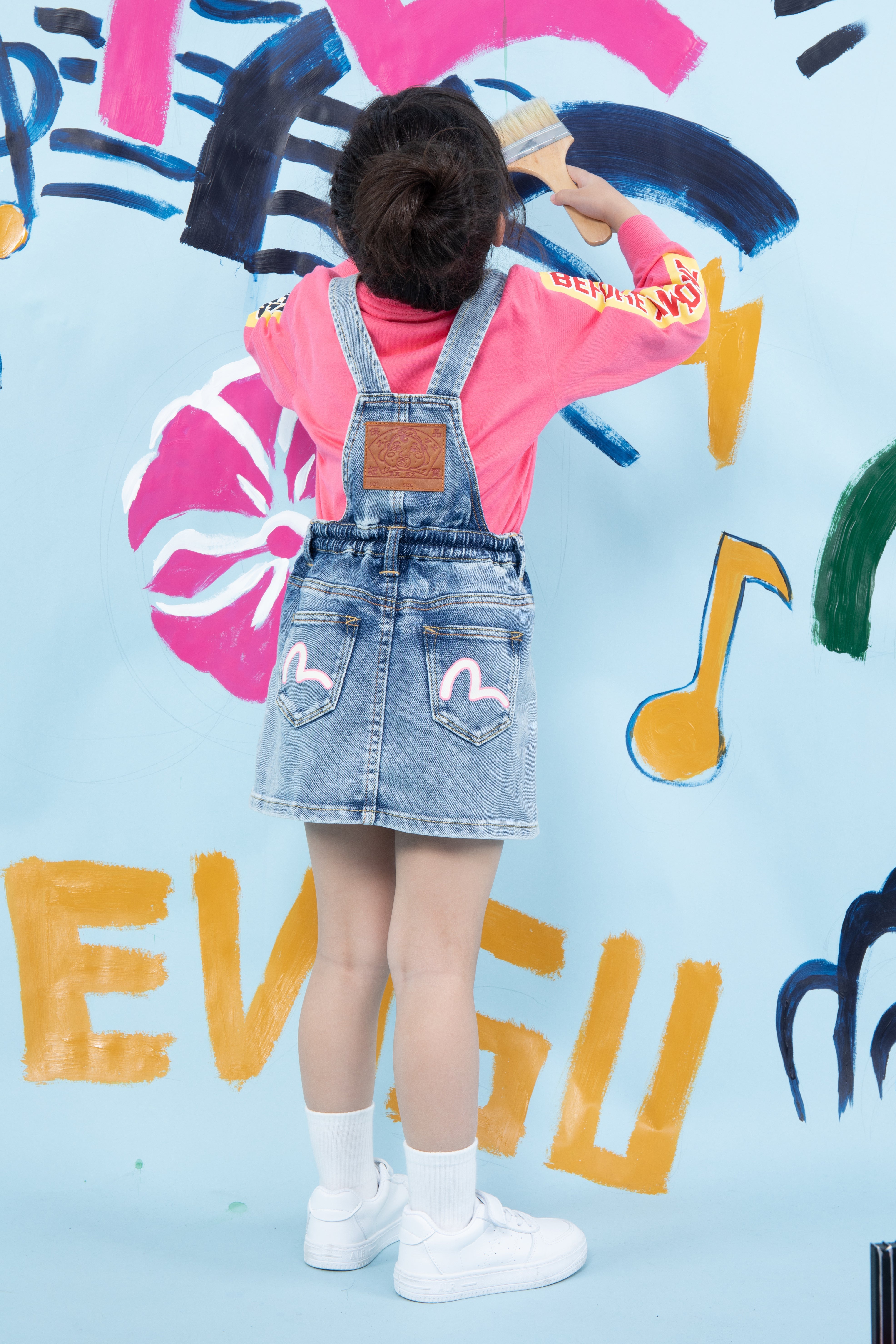Daruma Embroidery Denim Dungaree Dress