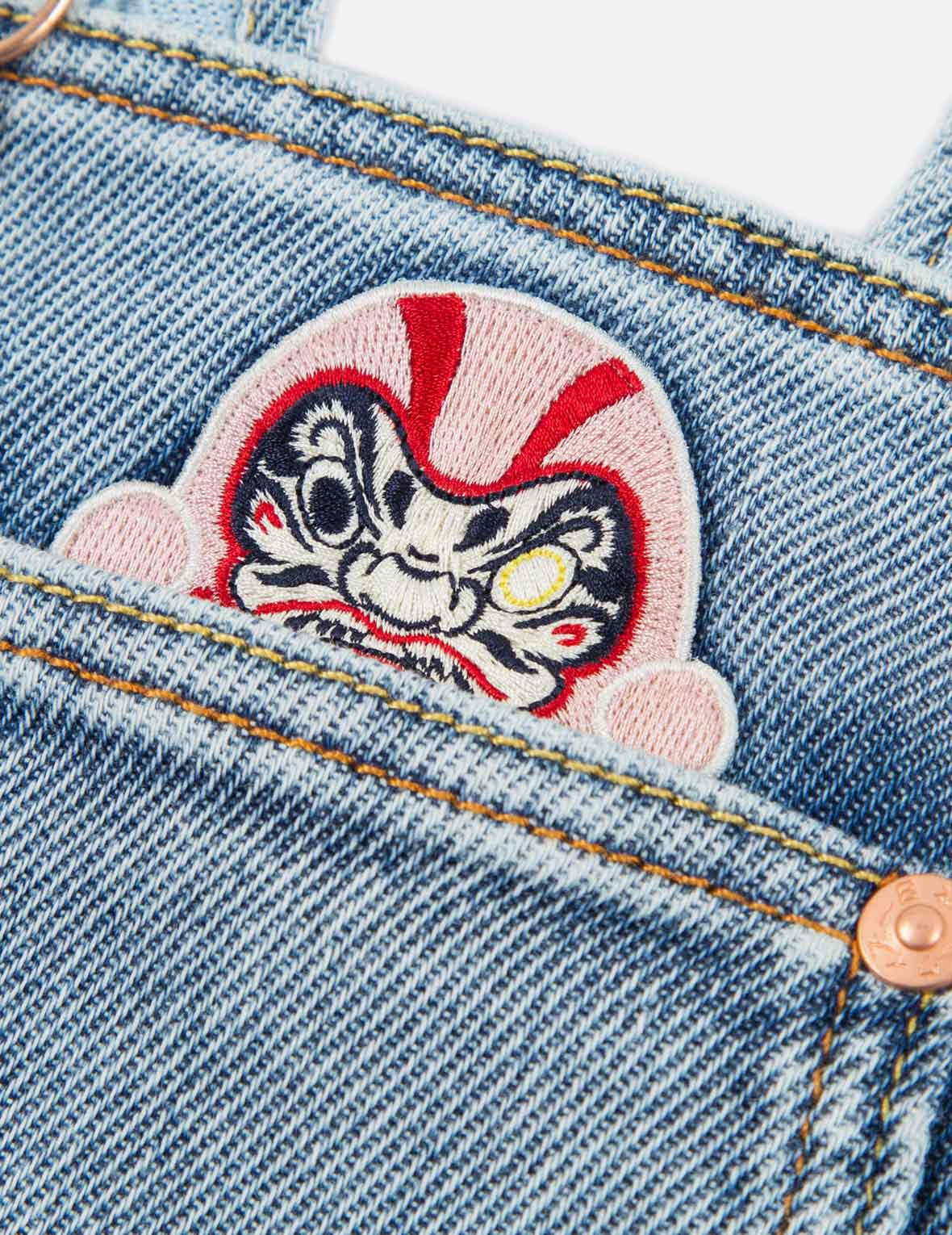 Daruma Embroidery Denim Dungaree Dress