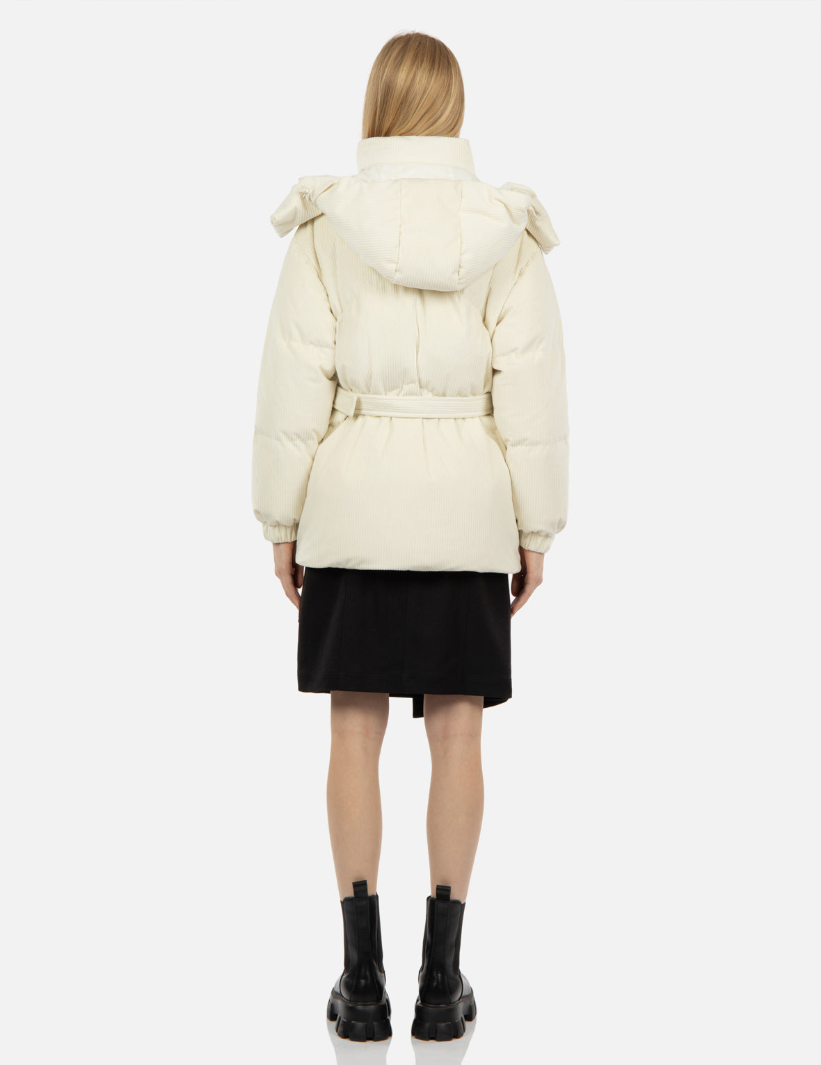 Seagull Embroidery Corduroy Belted Down Jacket