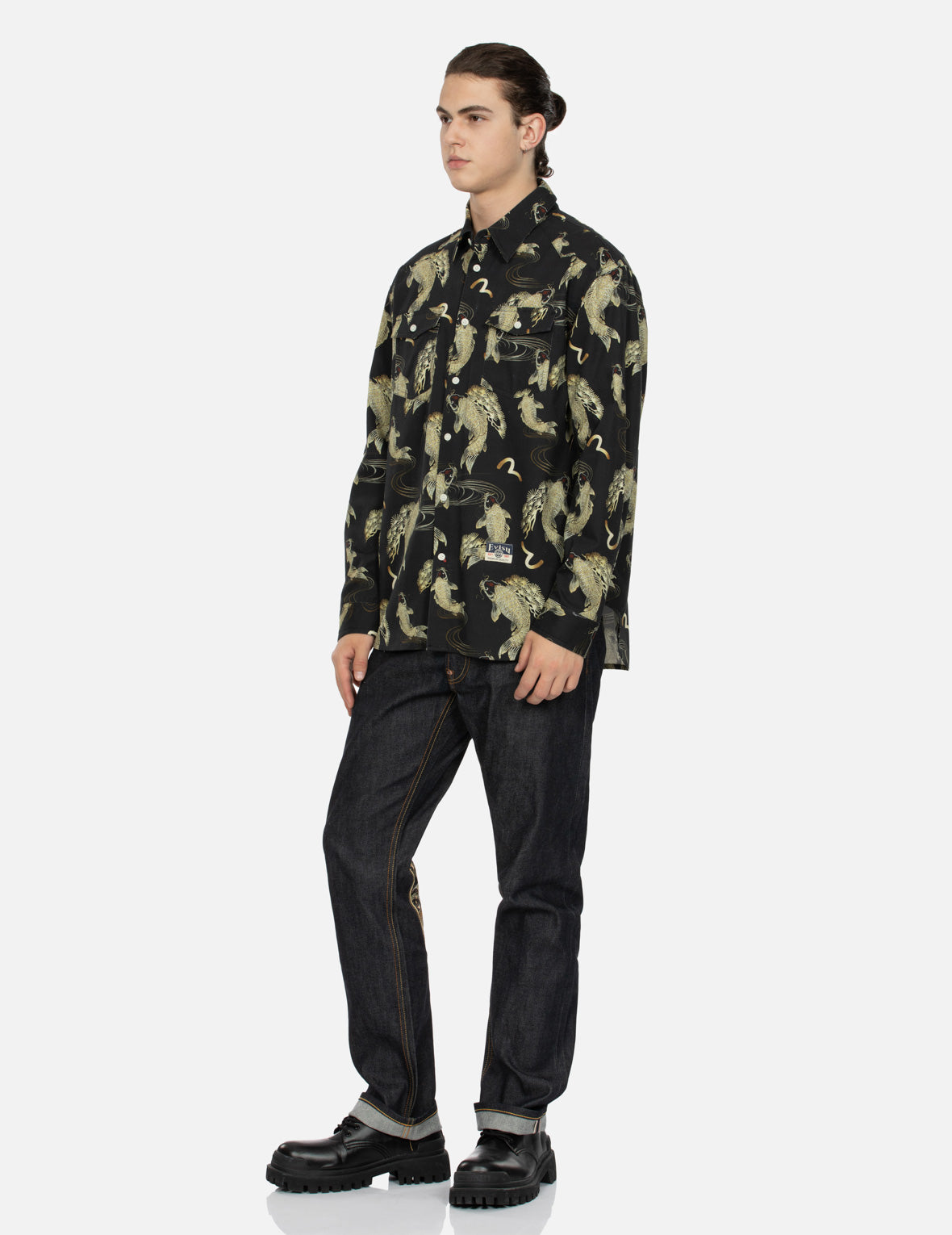 Allover Carp and Seagull Print Oversized Shirt