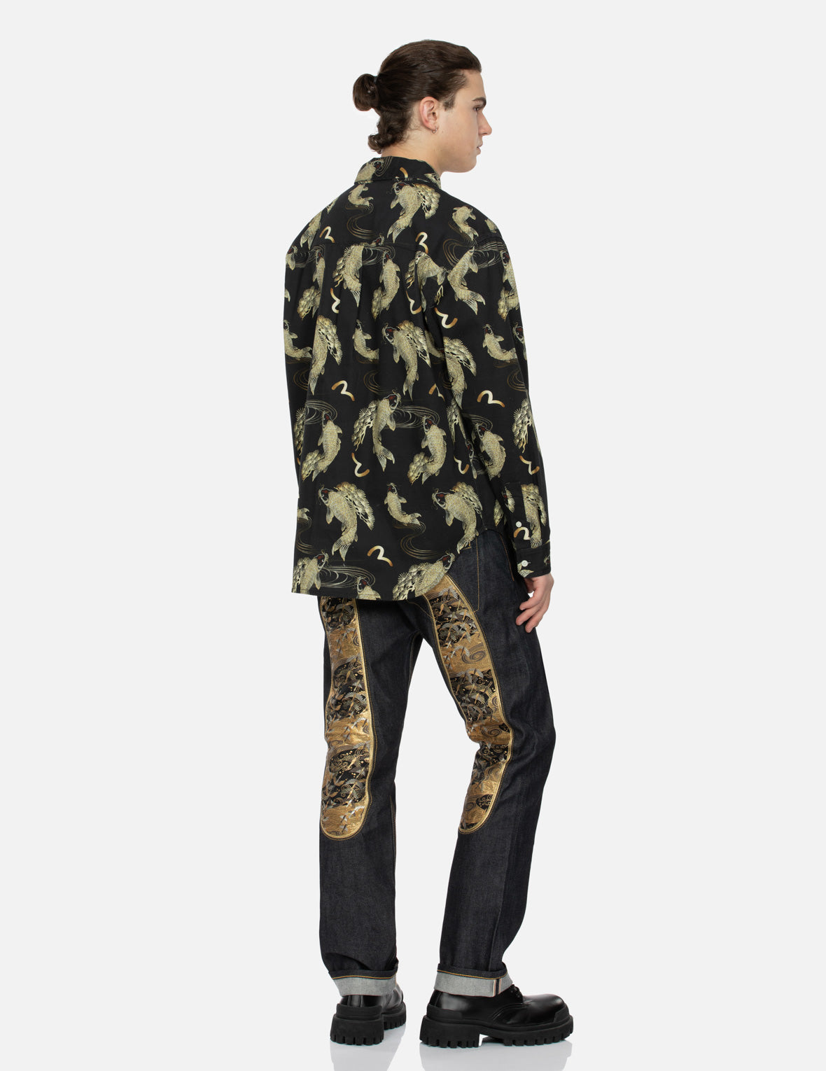 Allover Carp and Seagull Print Oversized Shirt