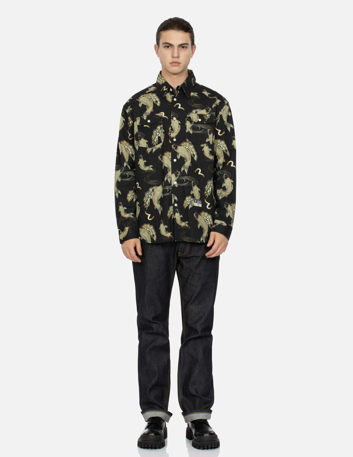 Allover Carp and Seagull Print Oversized Shirt