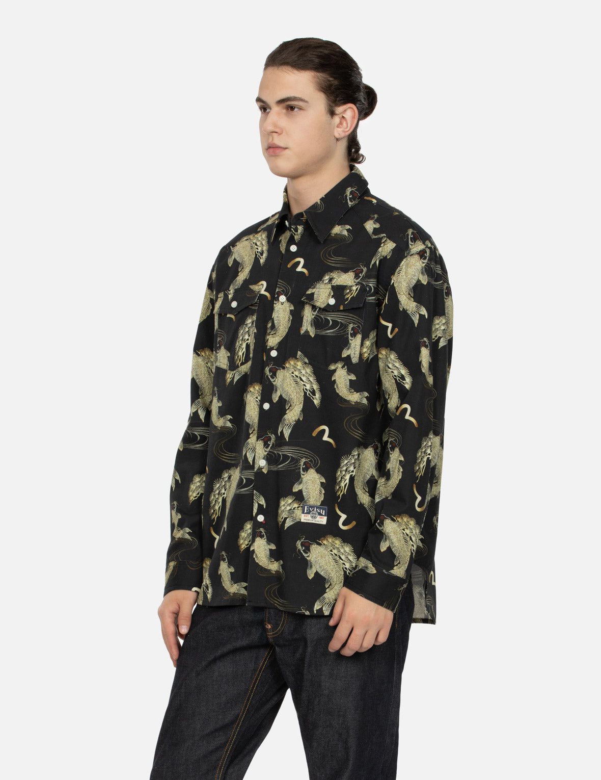 Allover Carp and Seagull Print Oversized Shirt
