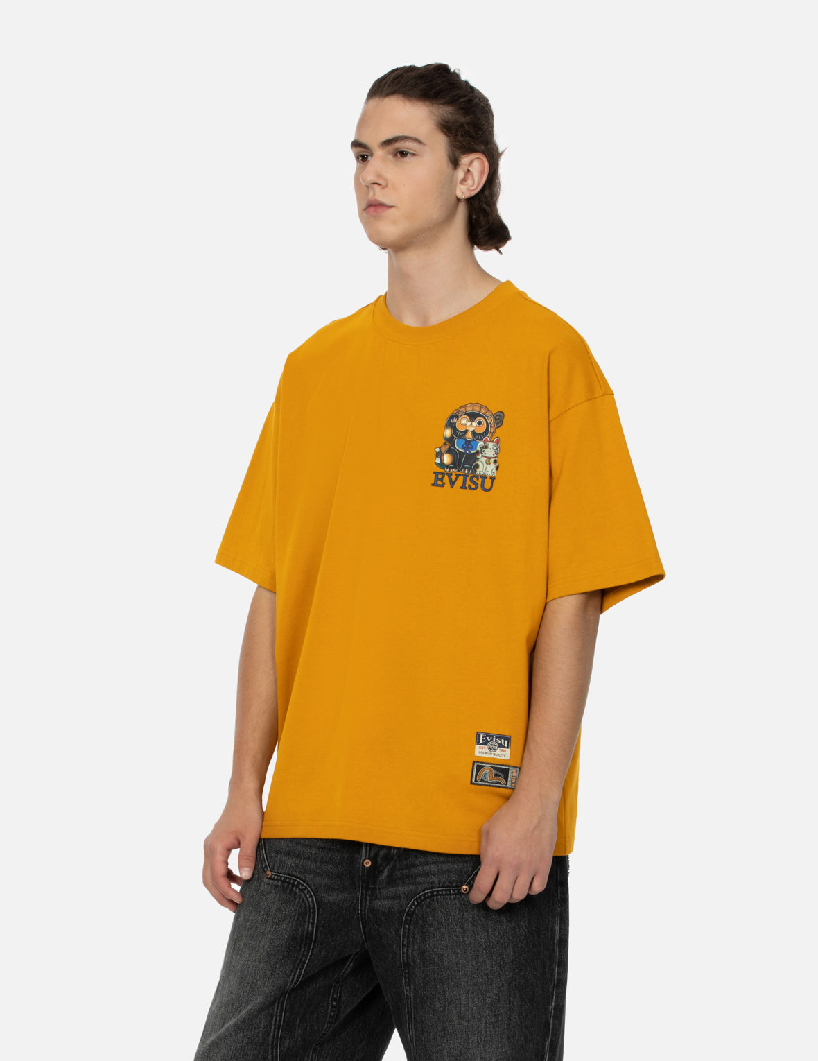 Tanuki and Fortune Cat Print Loose Fit T-Shirt