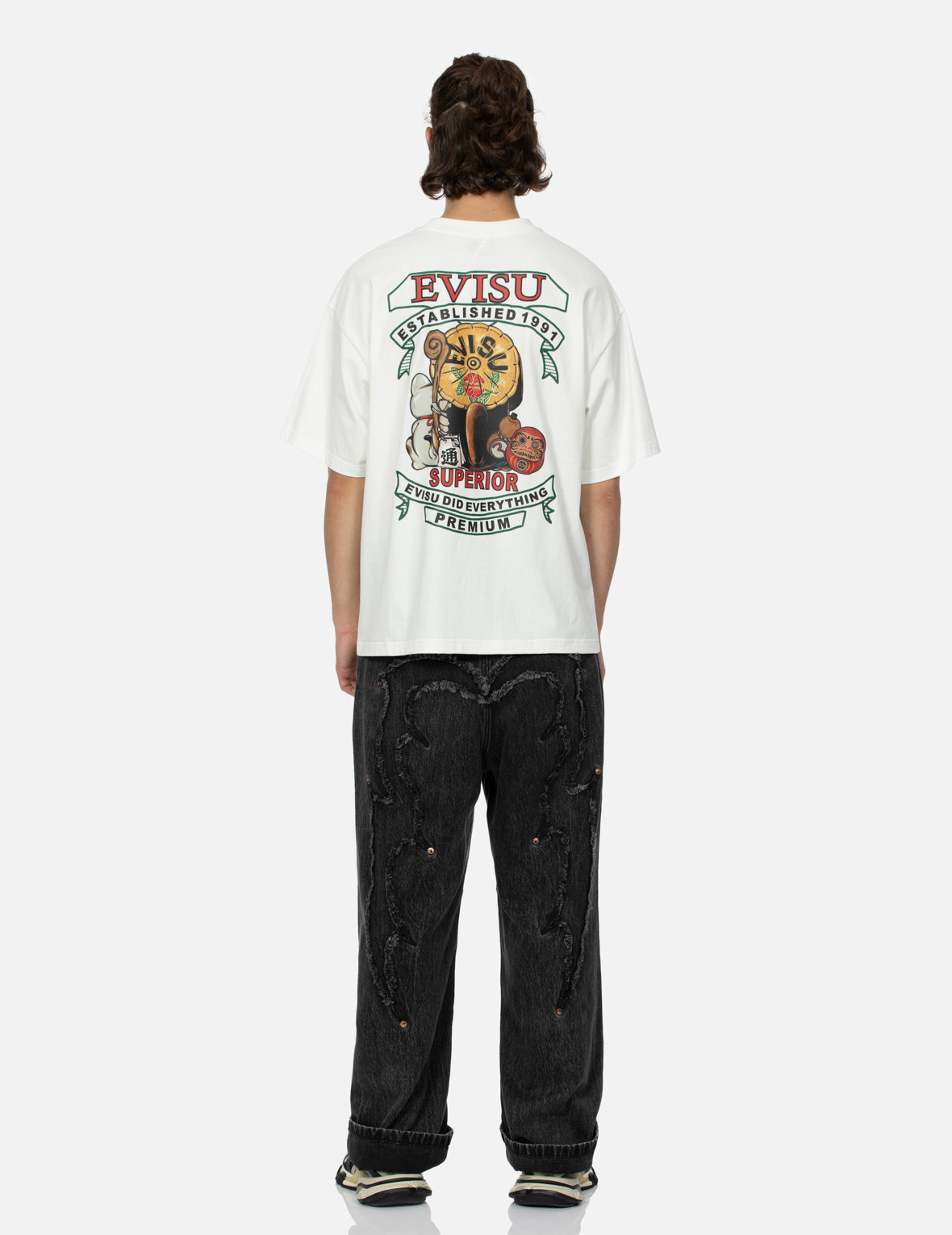 Tanuki and Fortune Cat Print Loose Fit T-Shirt