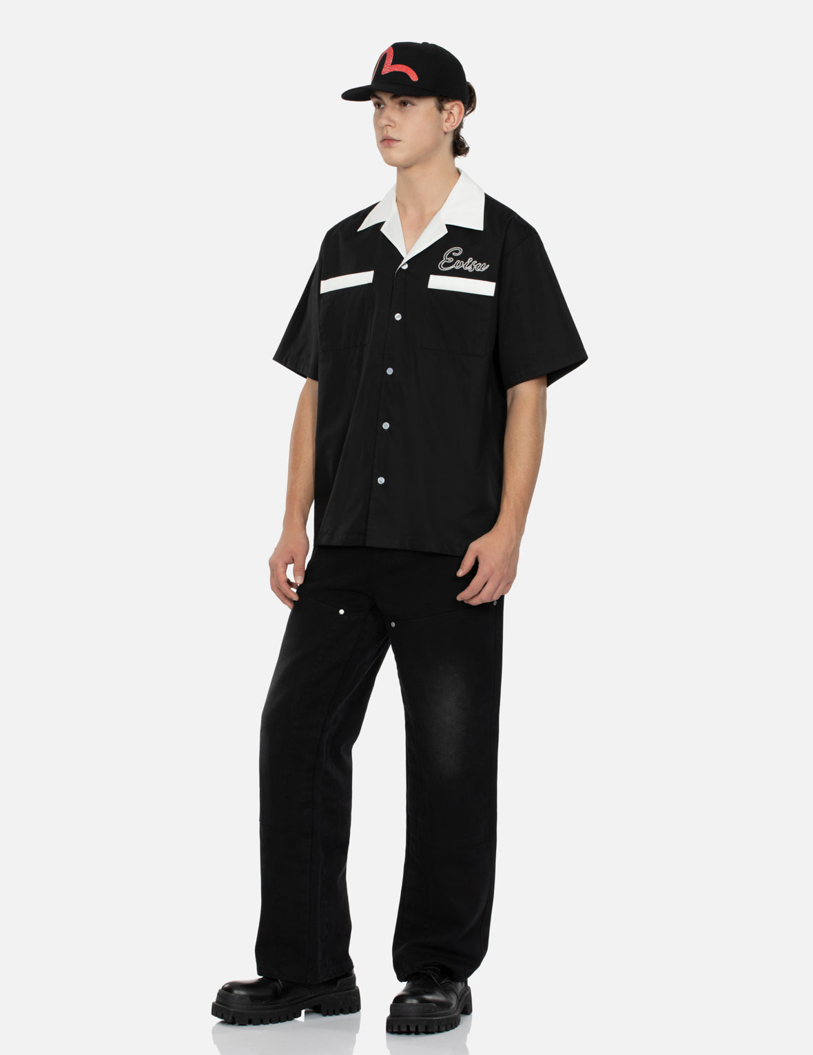 海鷗貼布刺繡鬆身闊腿木工褲