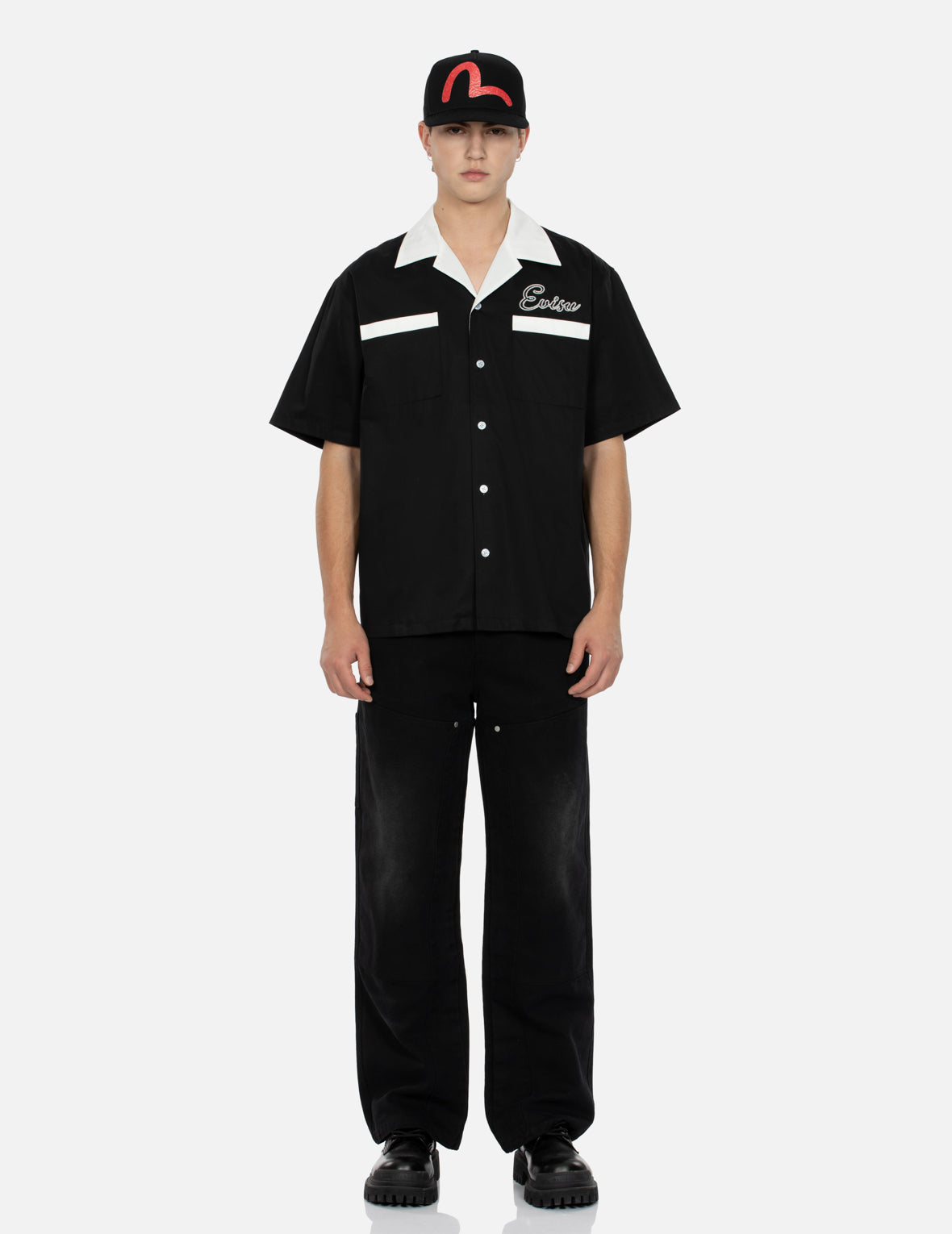 海鷗貼布刺繡鬆身闊腿木工褲