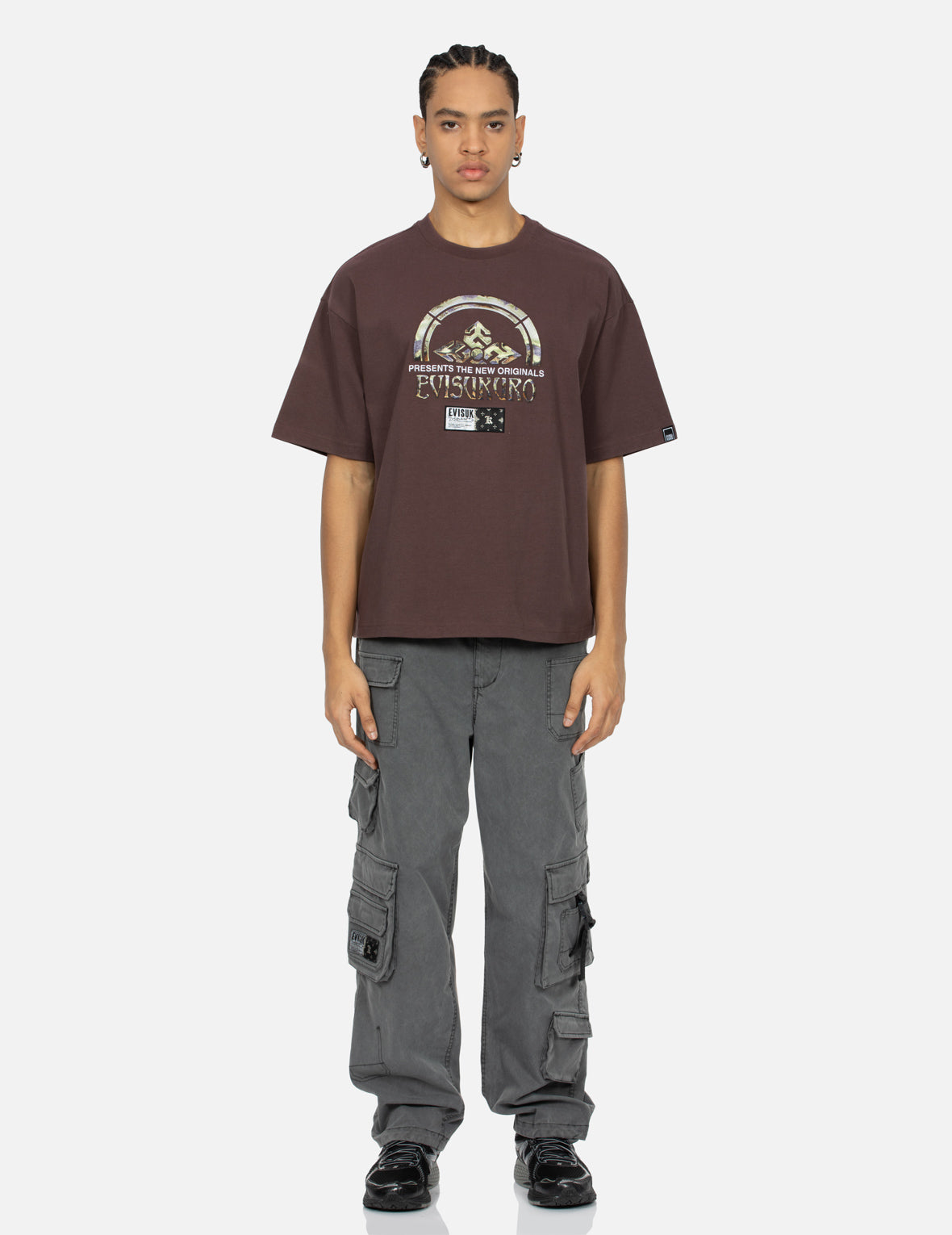 Rock-textured Print and Logo Embroidery Loose Fit T-shirt