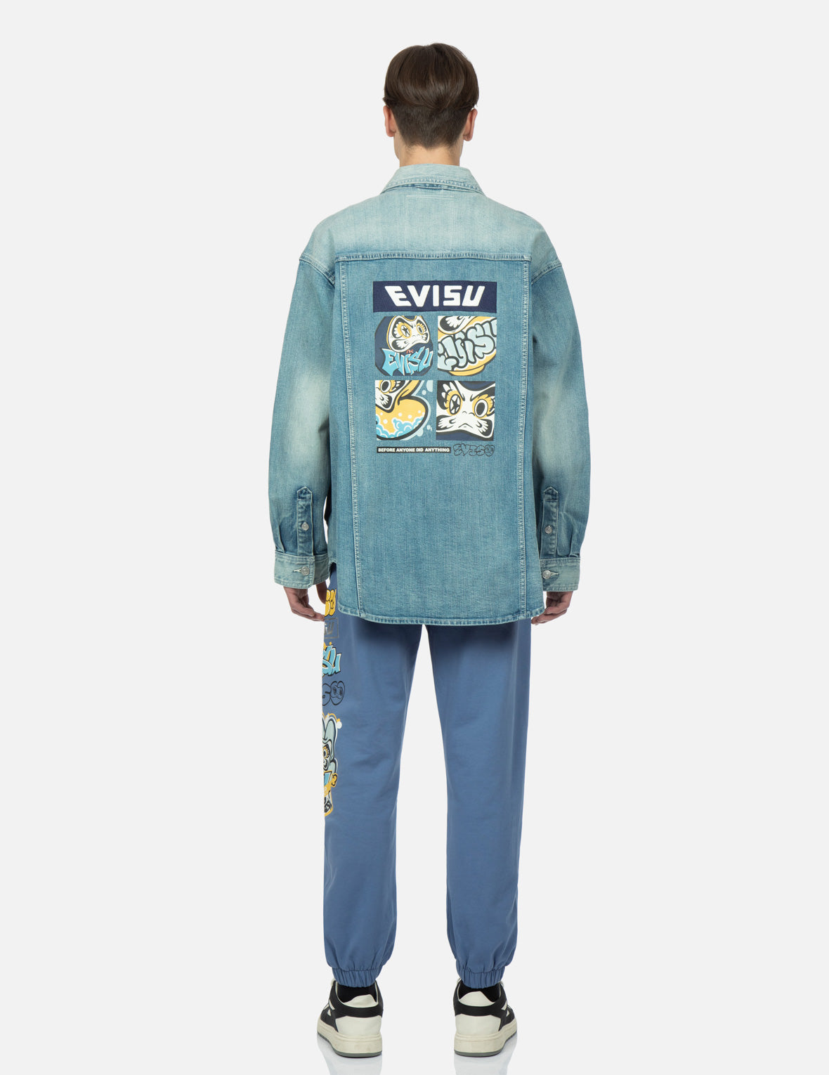 塗鴉達磨四格圖案牛仔襯衫外套