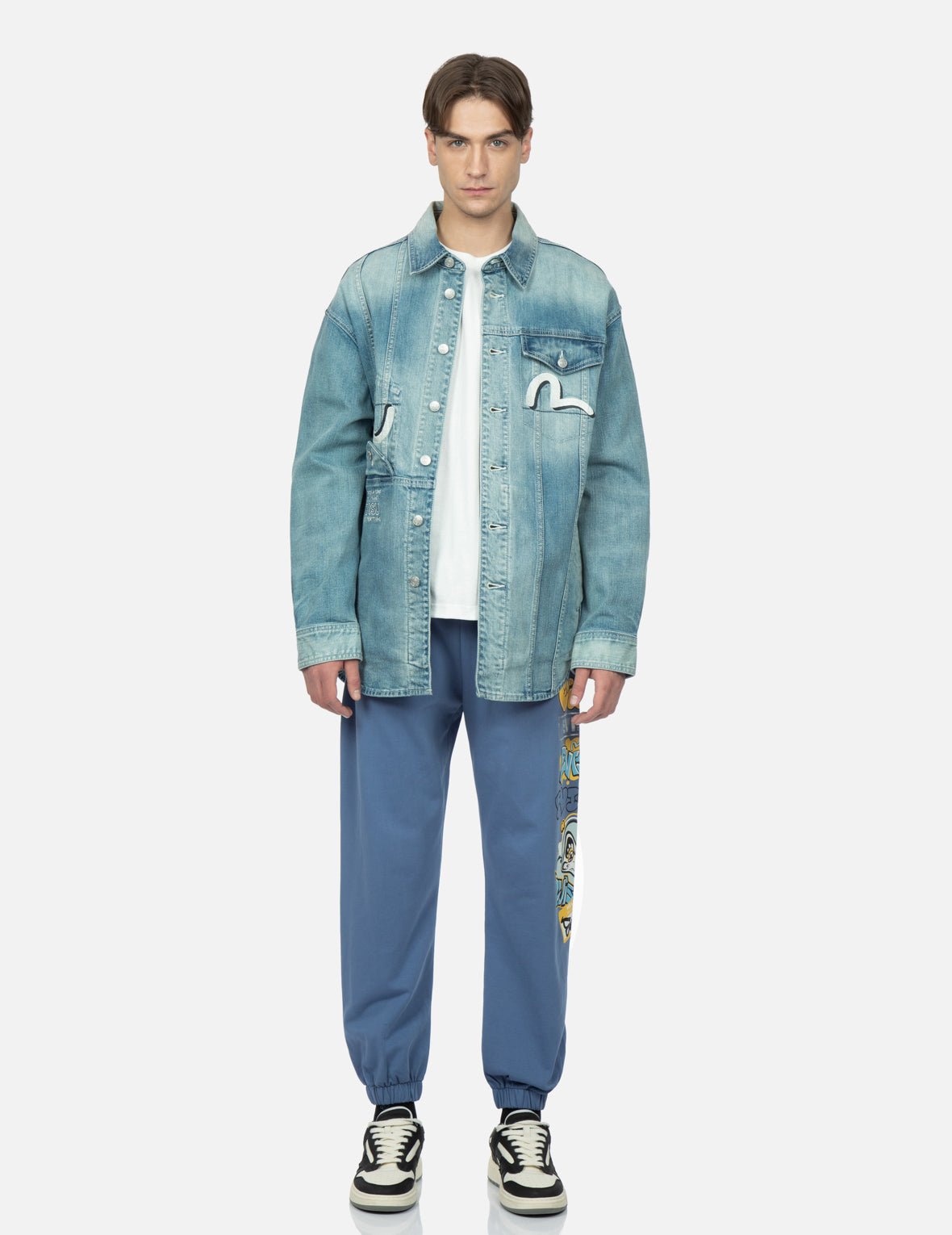 塗鴉達磨四格圖案牛仔襯衫外套