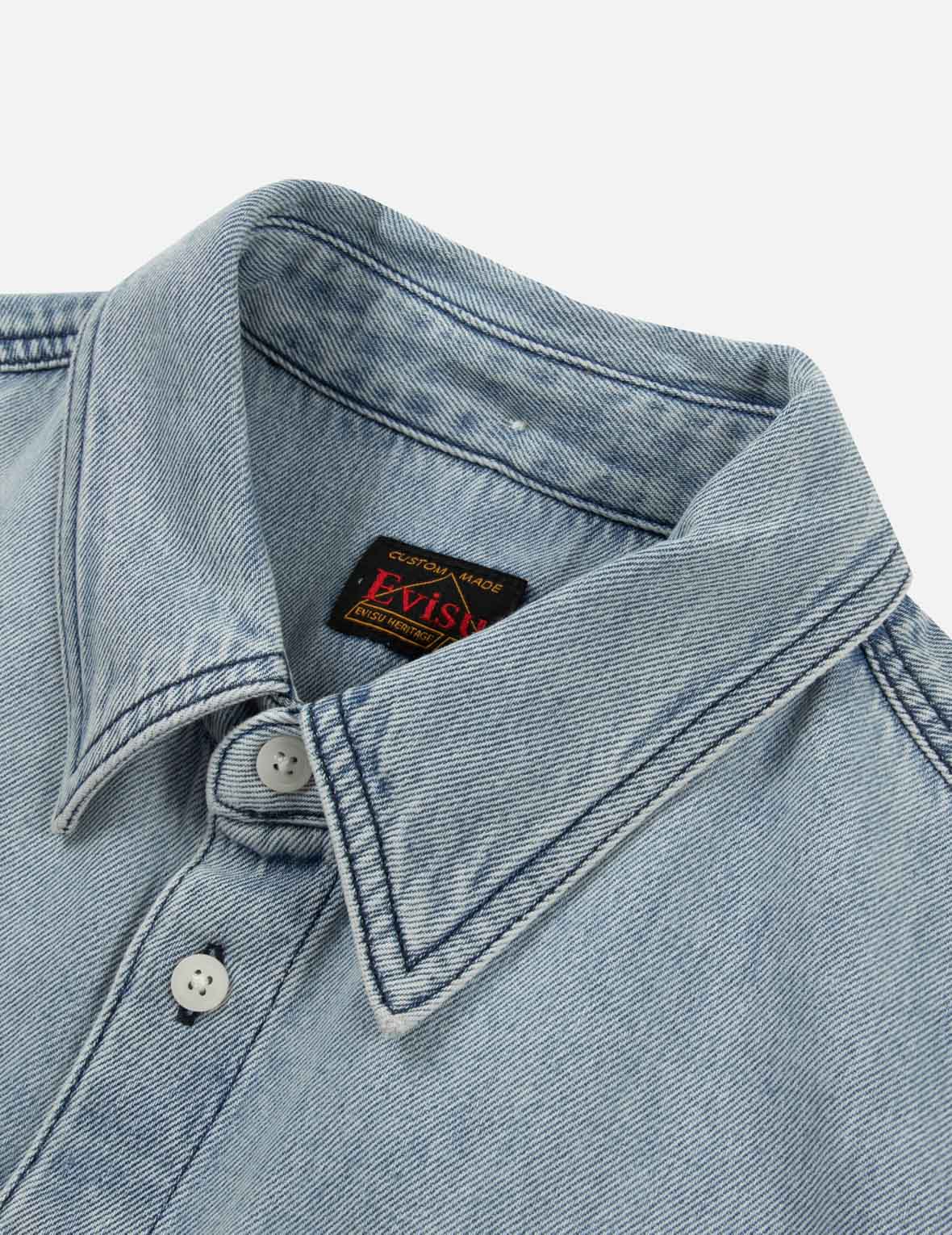 Gaming Daruma Daicock Print Relax Fit Short-Sleeve Denim Shirt