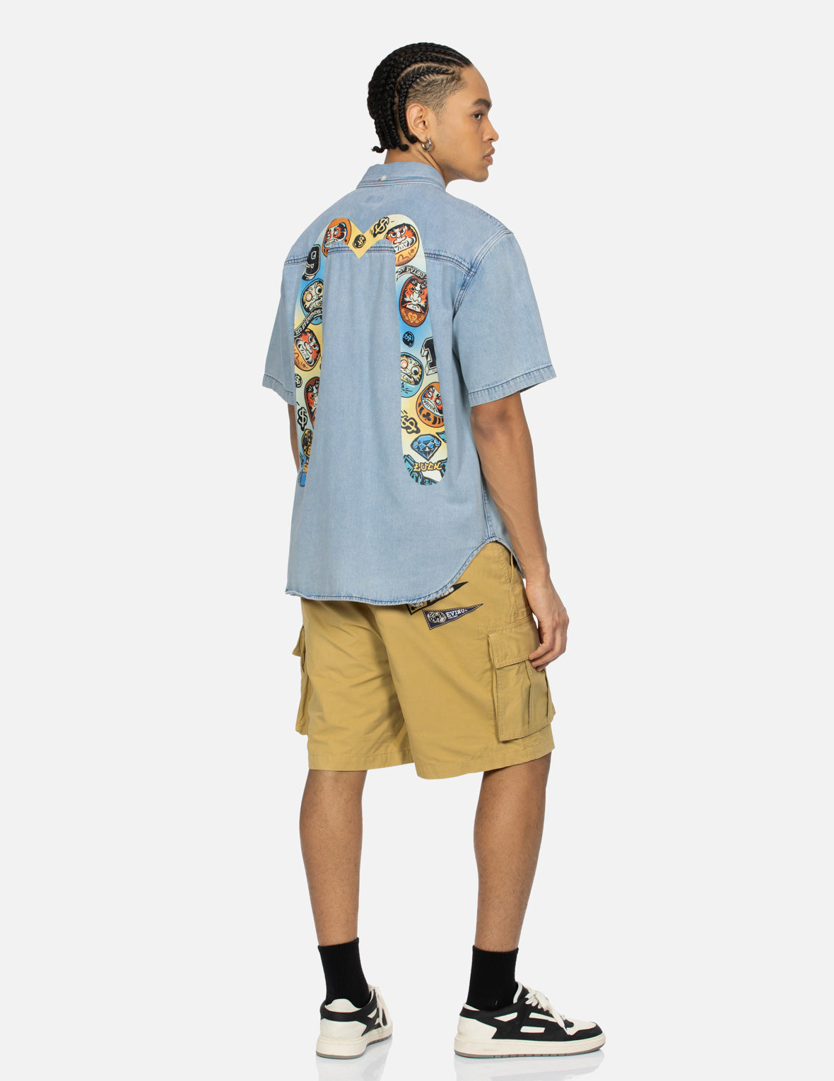 Gaming Daruma Daicock Print Relax Fit Short-Sleeve Denim Shirt
