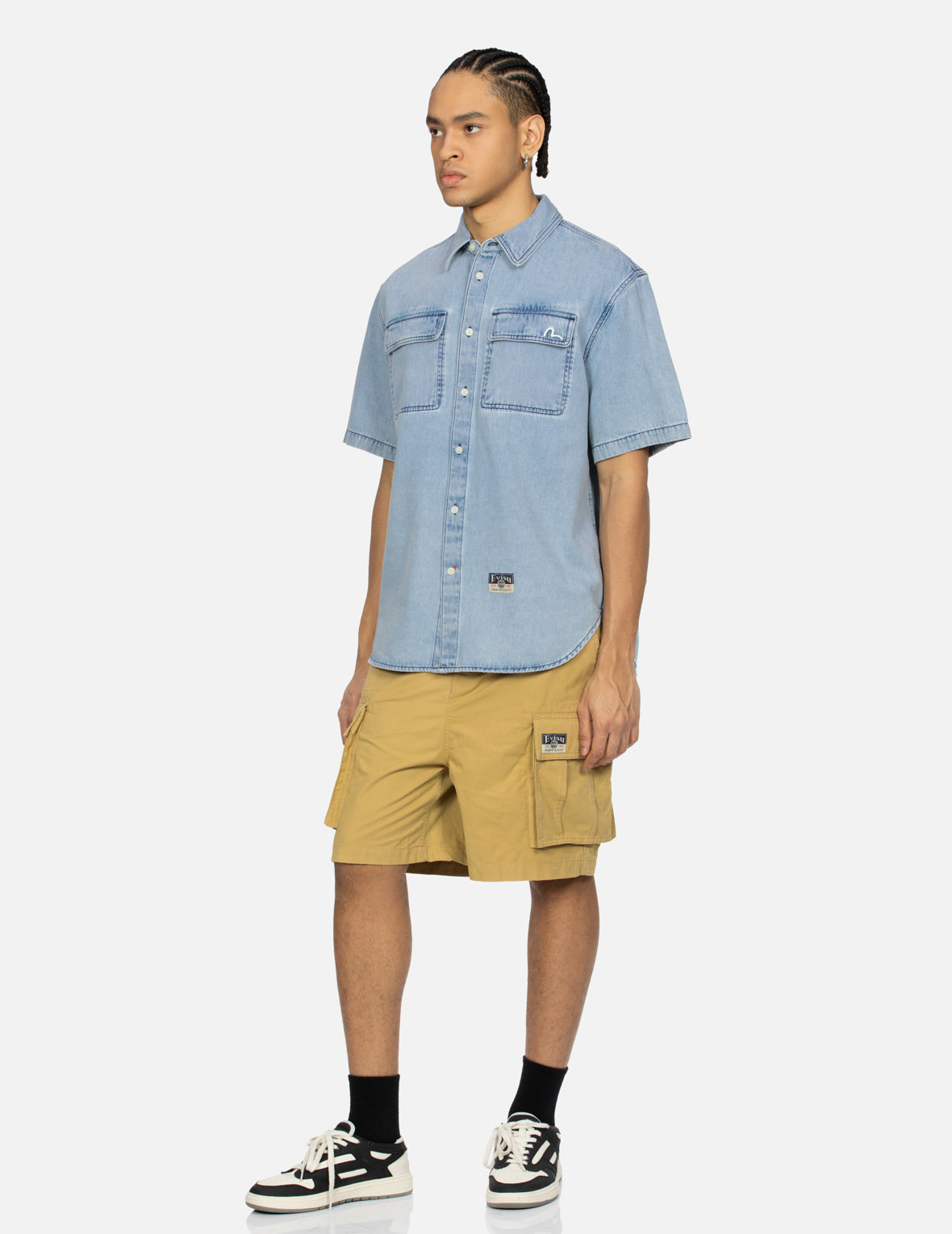 Gaming Daruma Daicock Print Relax Fit Short-Sleeve Denim Shirt