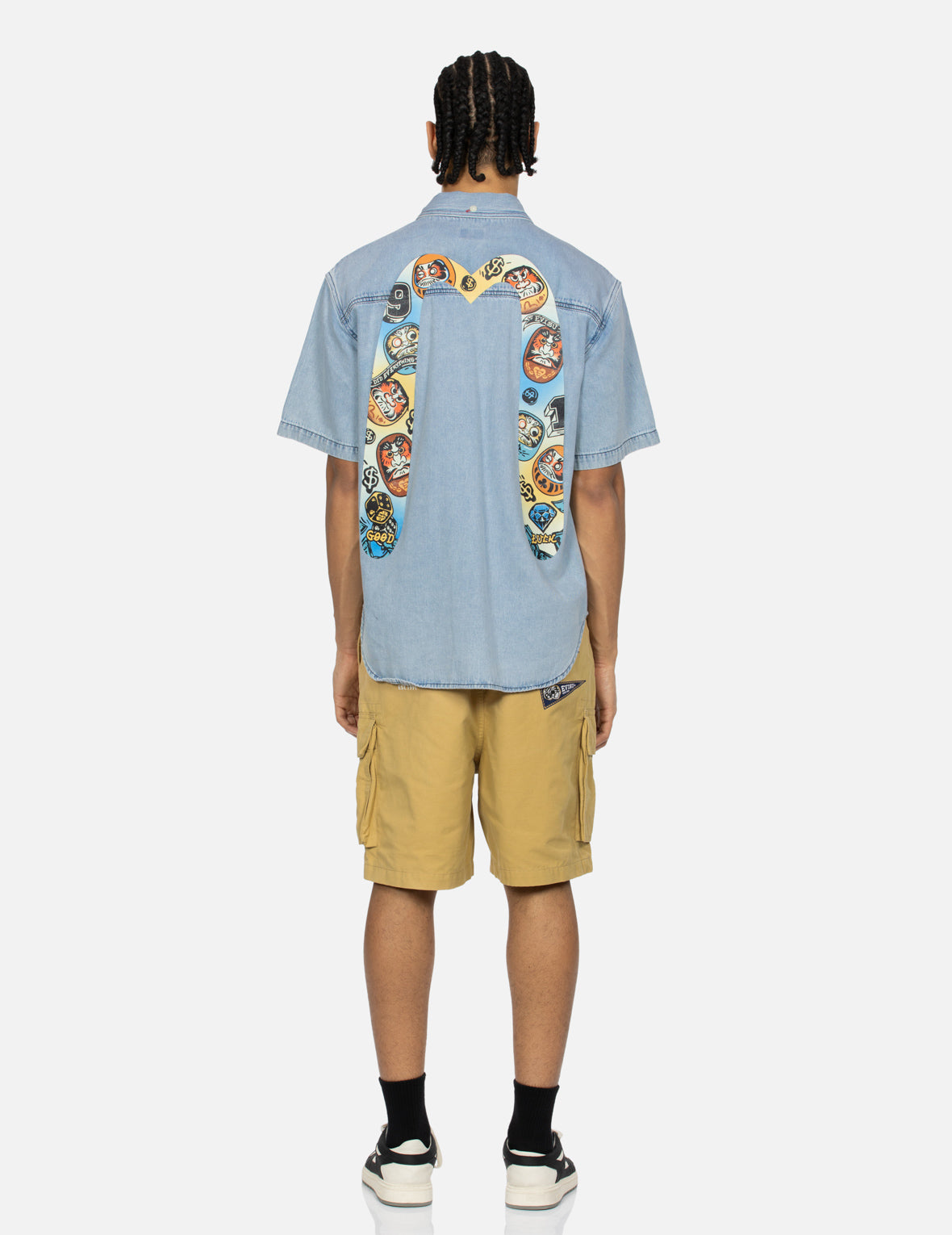 Gaming Daruma Daicock Print Relax Fit Short-Sleeve Denim Shirt