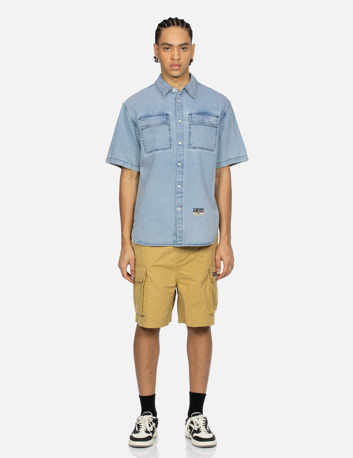 Gaming Daruma Daicock Print Relax Fit Short-Sleeve Denim Shirt