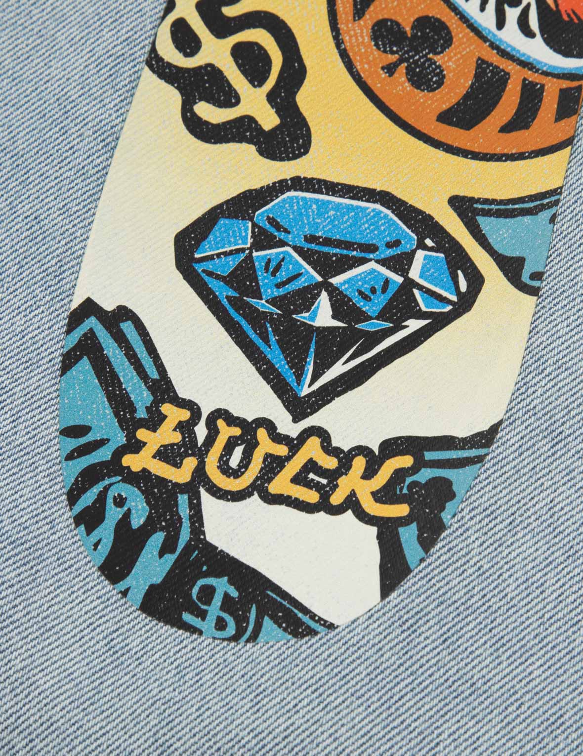 Gaming Daruma Daicock Print Relax Fit Short-Sleeve Denim Shirt