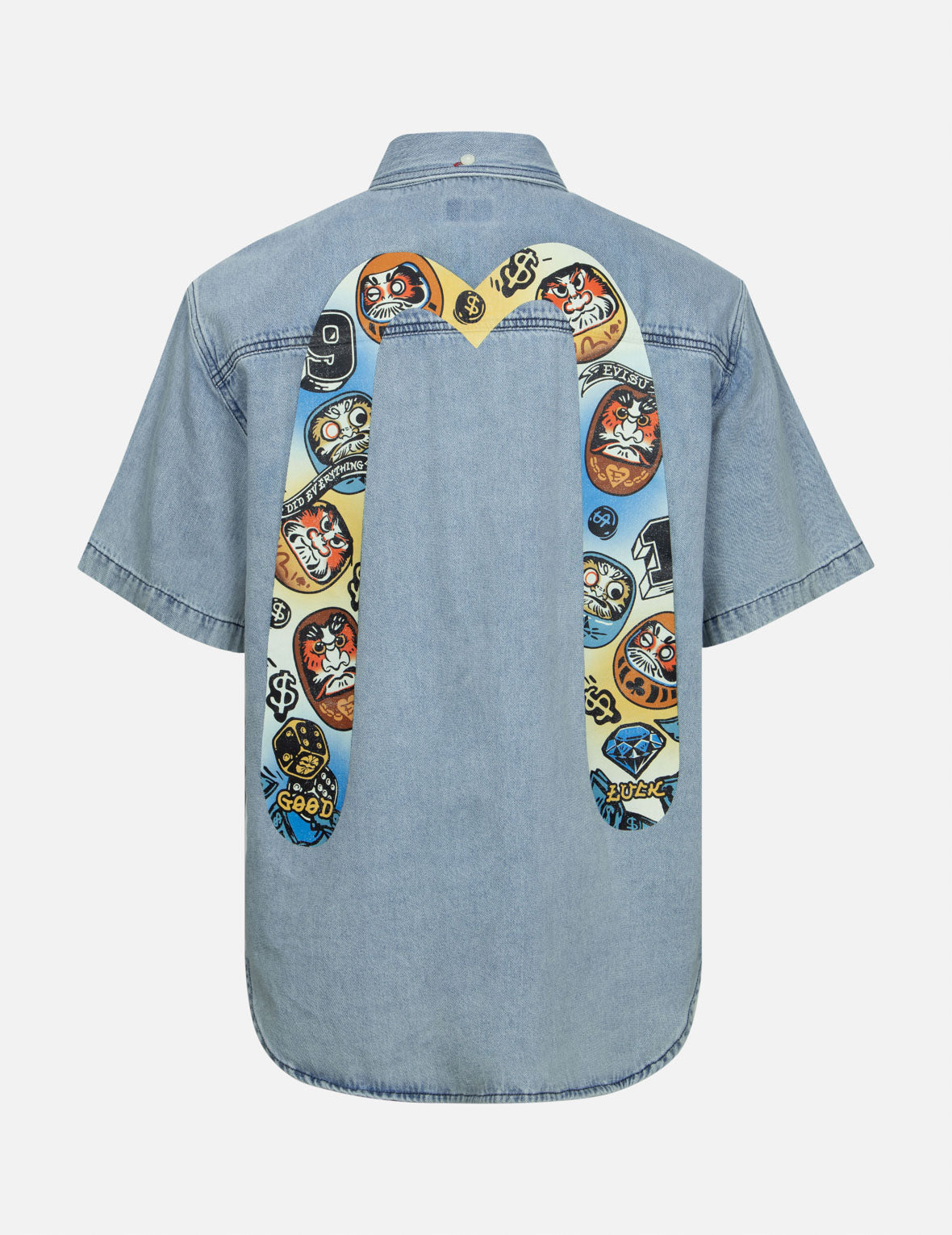 Gaming Daruma Daicock Print Relax Fit Short-Sleeve Denim Shirt