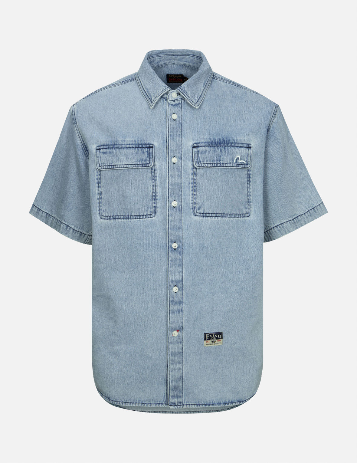 Gaming Daruma Daicock Print Relax Fit Short-Sleeve Denim Shirt