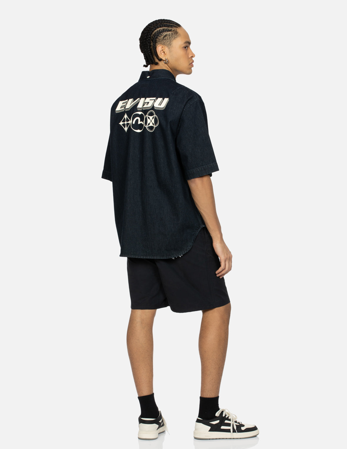 Kamon and Logo Print Oversized Denim Short-Sleeves Shirt