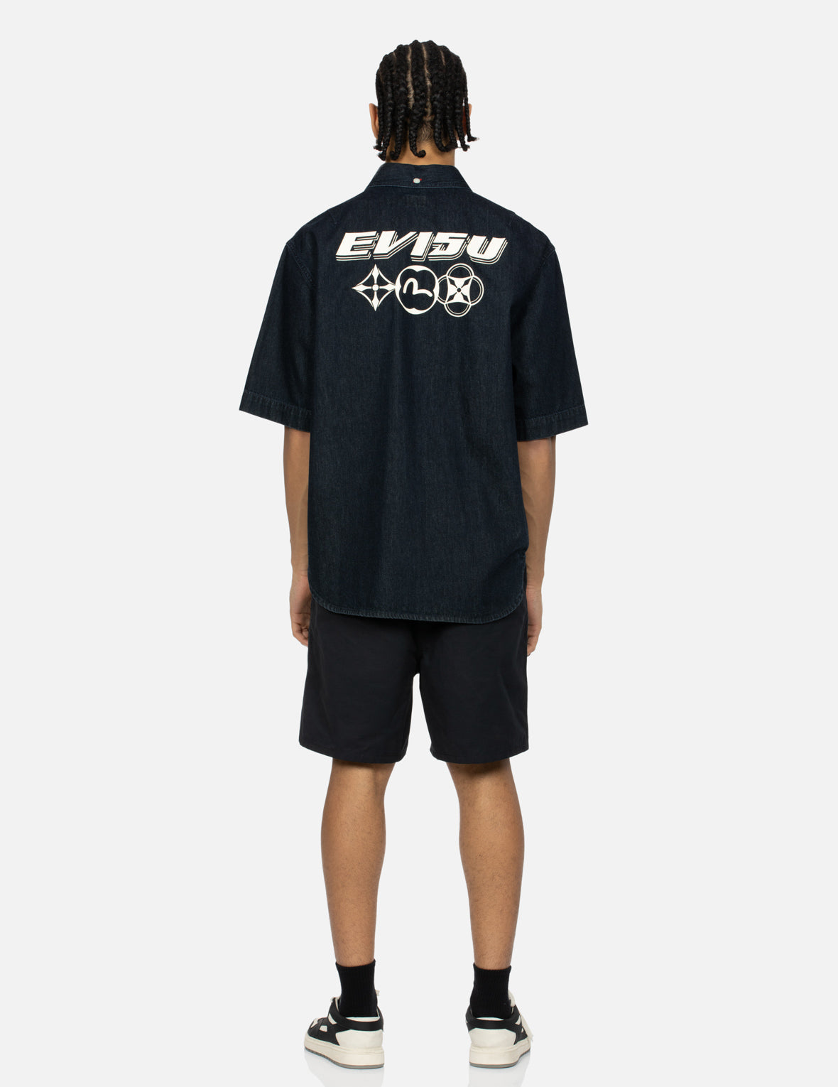 Kamon and Logo Print Oversized Denim Short-Sleeves Shirt