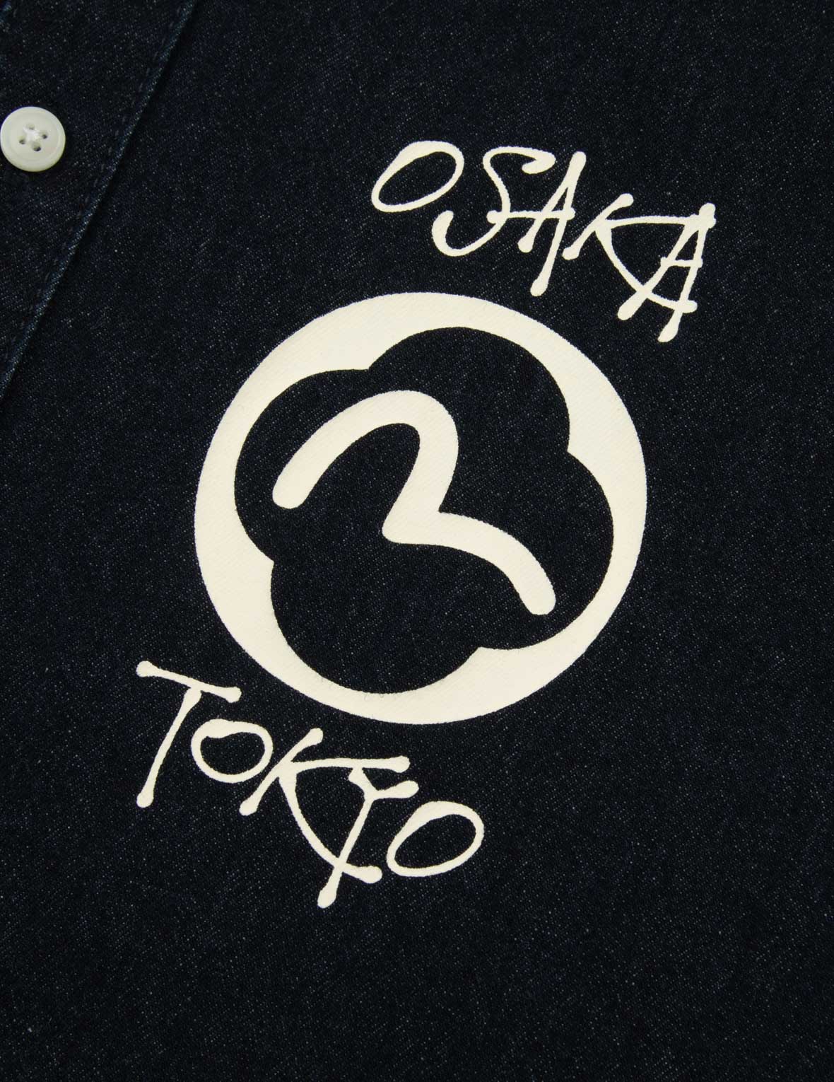 Kamon and Logo Print Oversized Denim Short-Sleeves Shirt