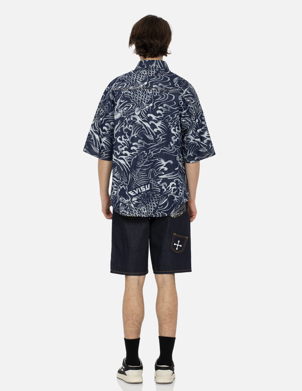 滿地海鷗和鯉魚拔染印花寬版牛仔襯衣