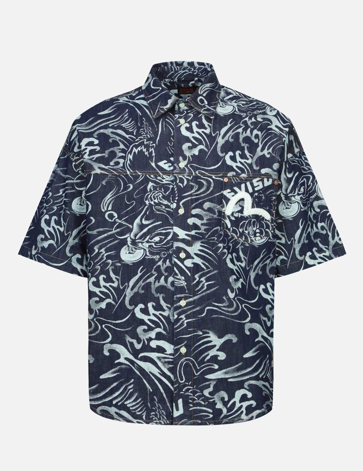 滿地海鷗和鯉魚拔染印花寬版牛仔襯衣