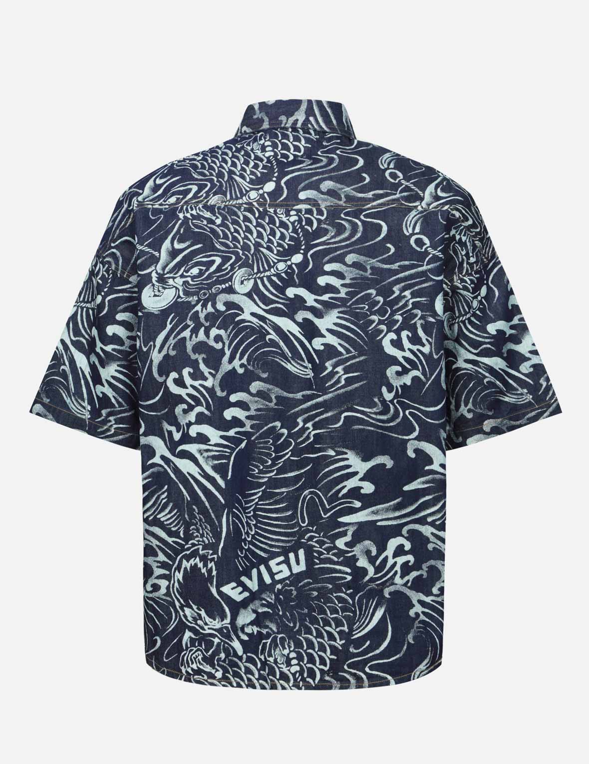 滿地海鷗和鯉魚拔染印花寬版牛仔襯衣