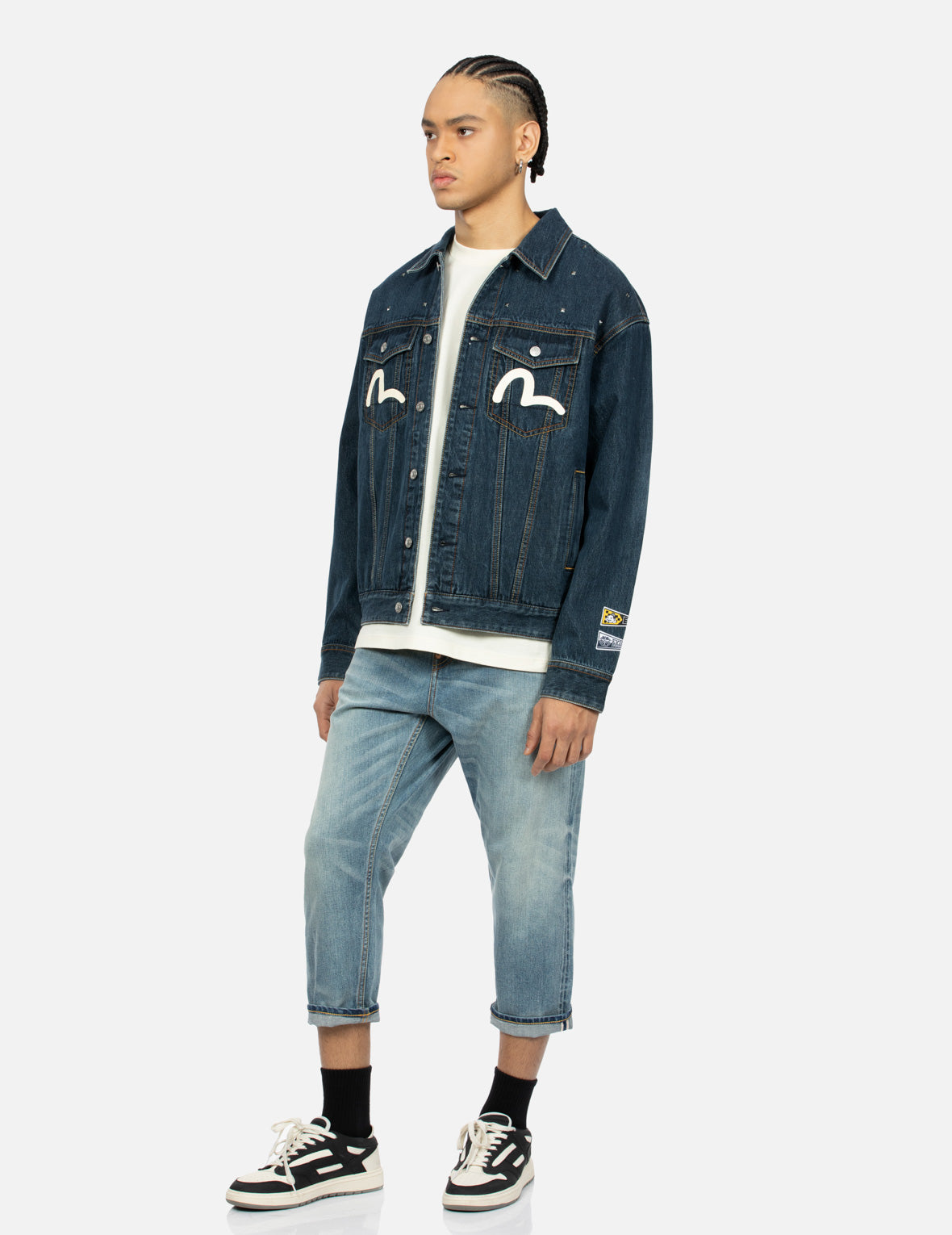 鑽石達摩和海鷗印花寬版牛仔外套