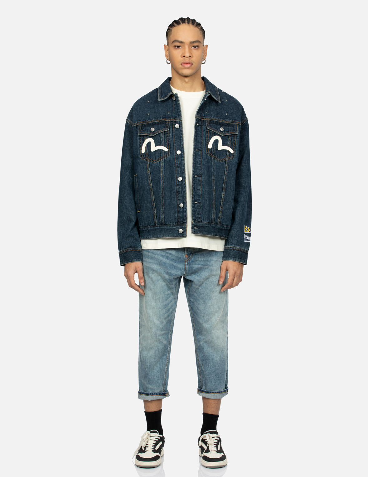 鑽石達摩和海鷗印花寬版牛仔外套