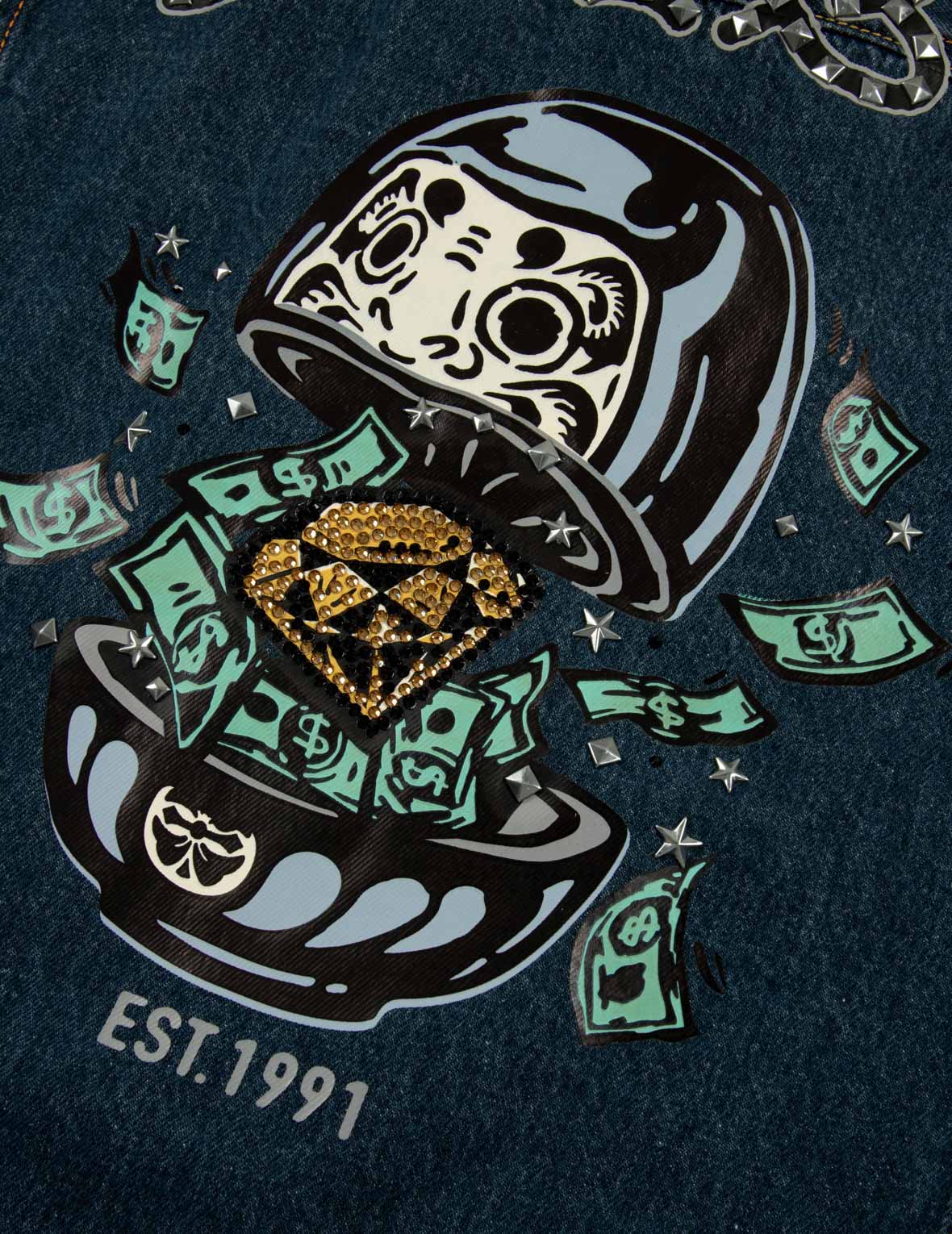 鑽石達摩和海鷗印花寬版牛仔外套