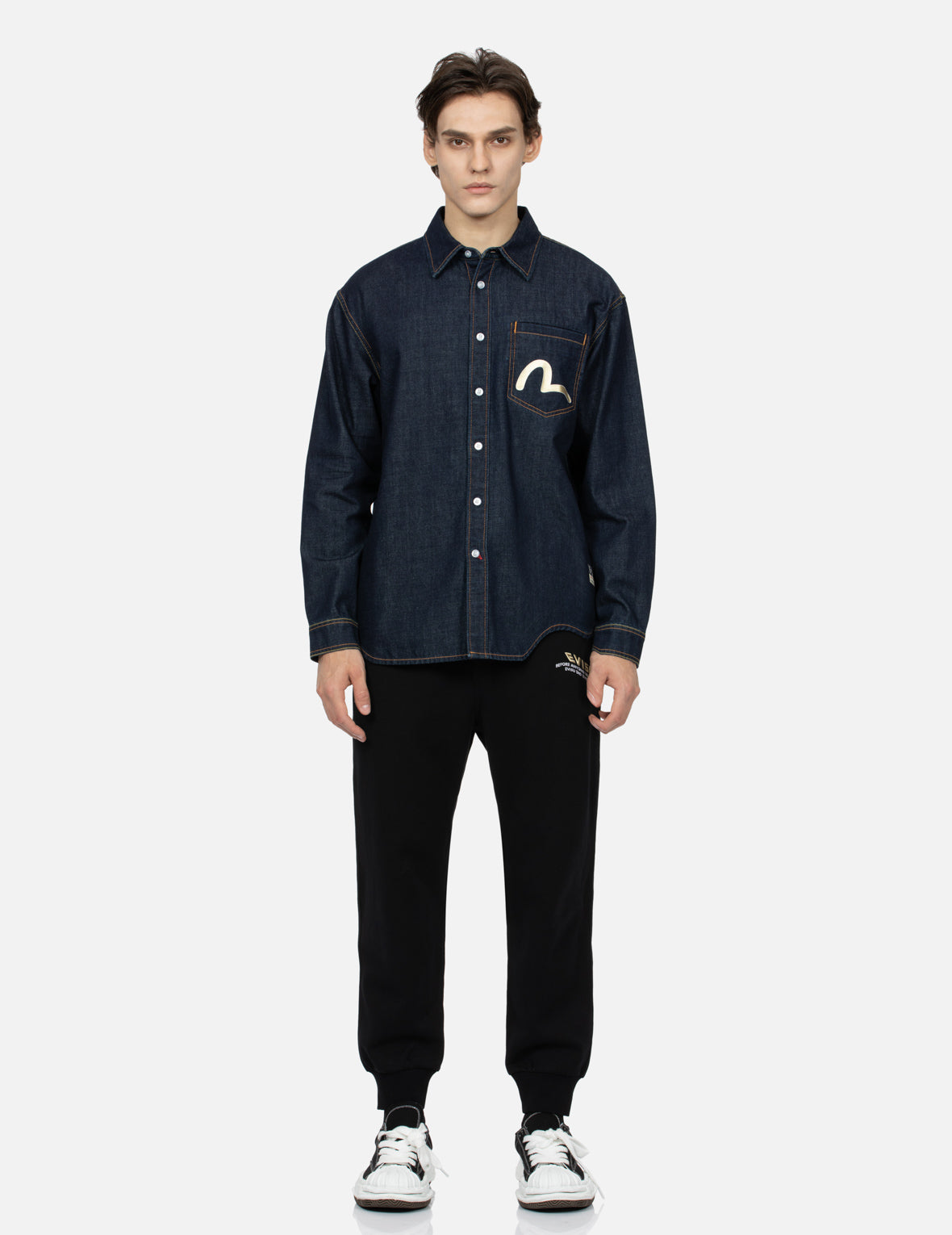 Kamon Stitching and The Great Wave Daicock Print Relax Fit Denim Shirt
