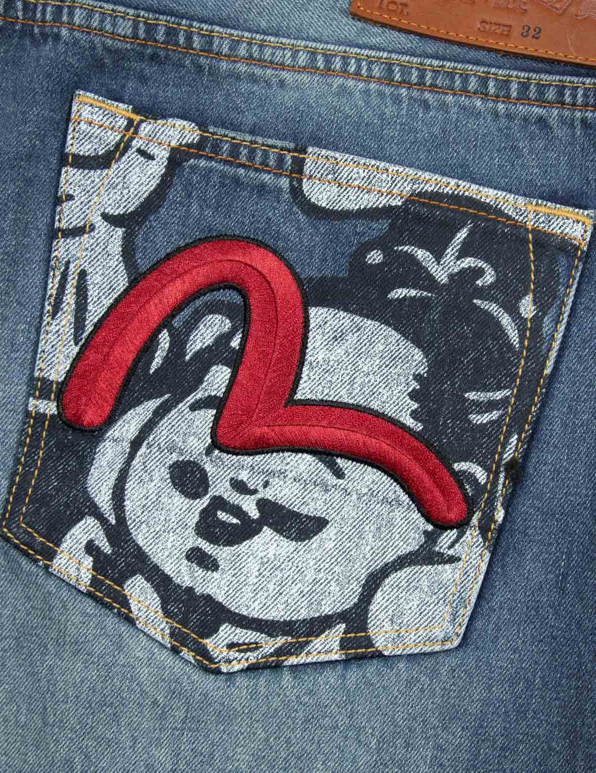 玩樂佛頭印花和海鷗刺繡立體版型牛仔褲