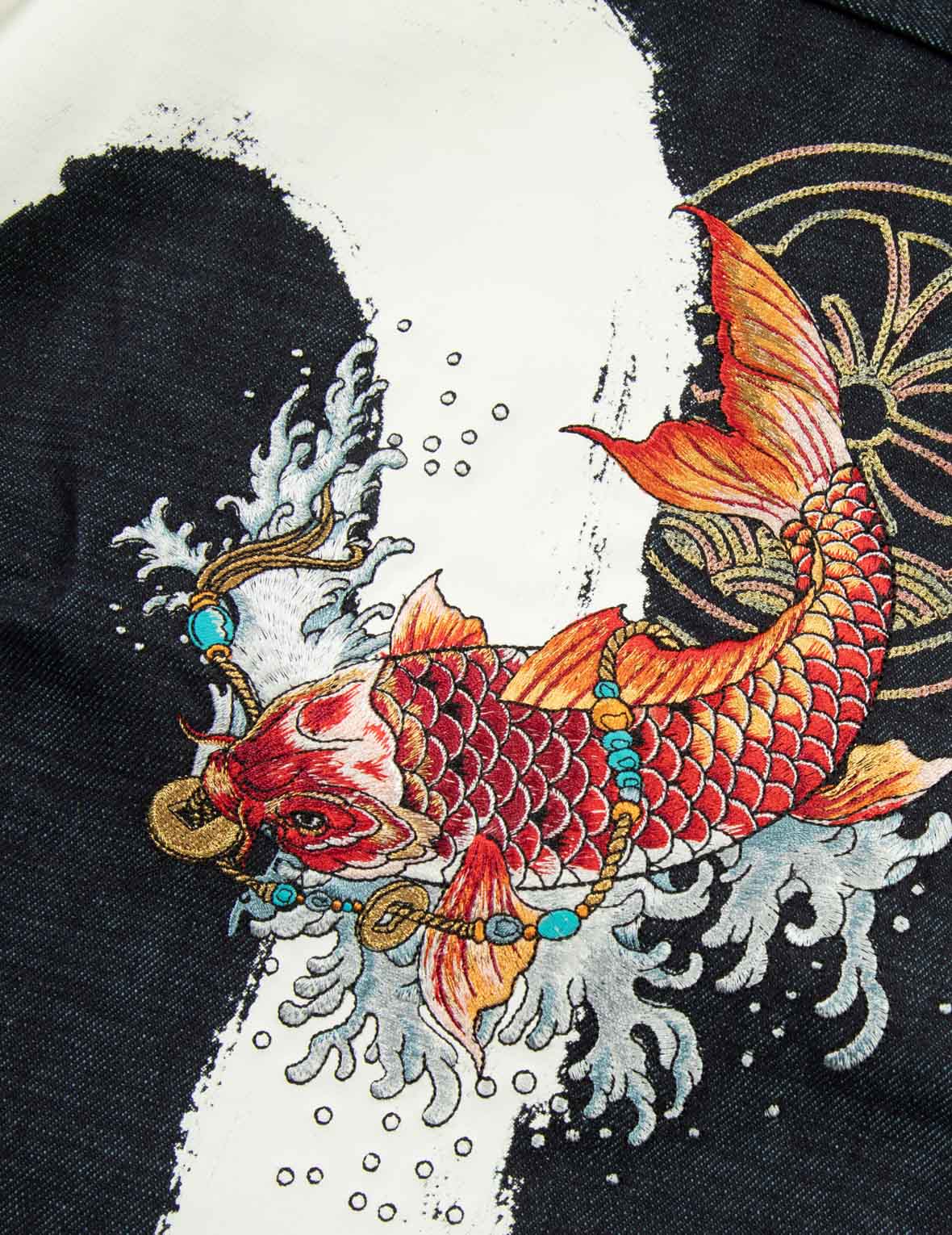 鯉魚戲水刺繡和筆刷大M印花七分牛仔褲 #2027