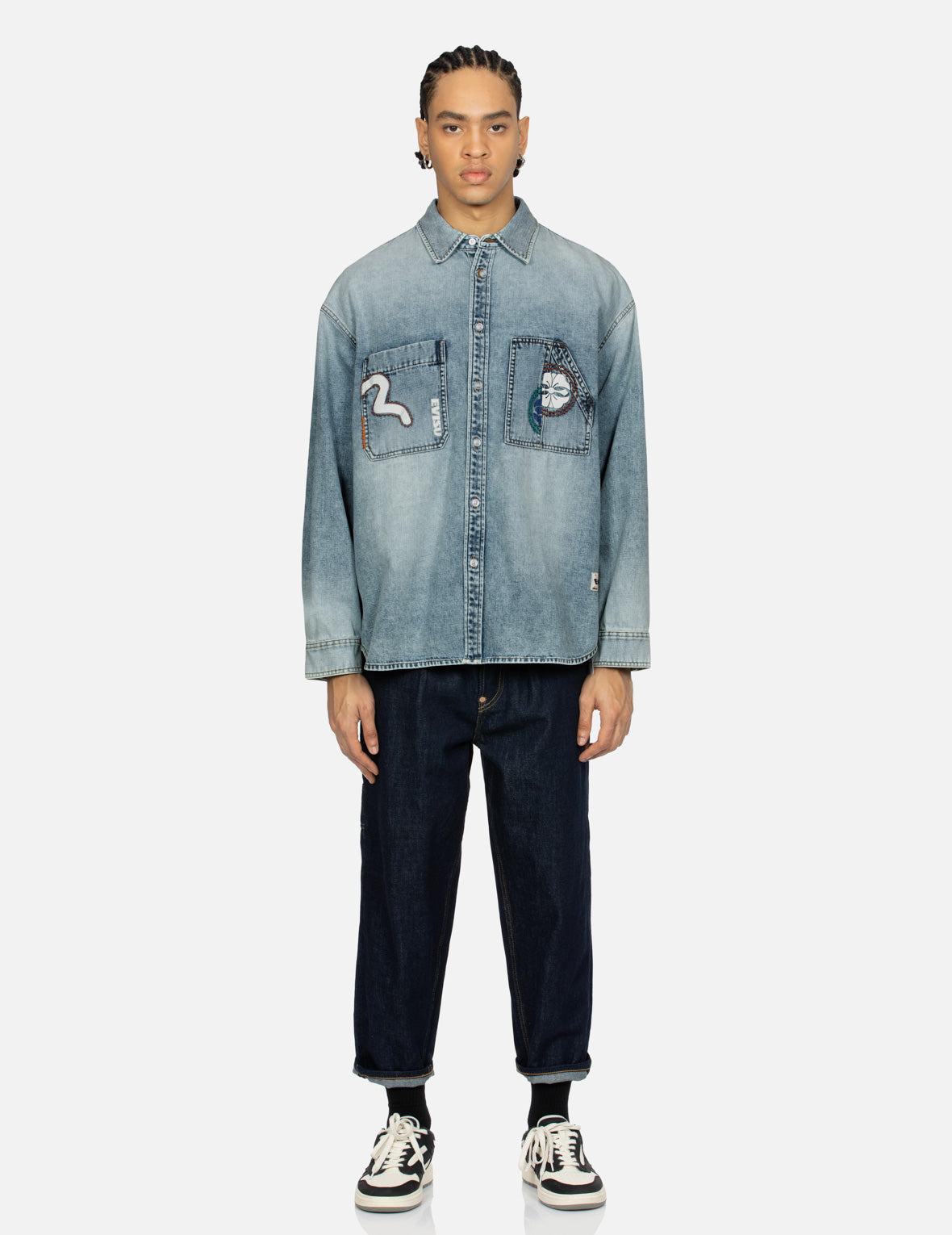 海鷗與佛頭刺繡燈籠牛仔褲