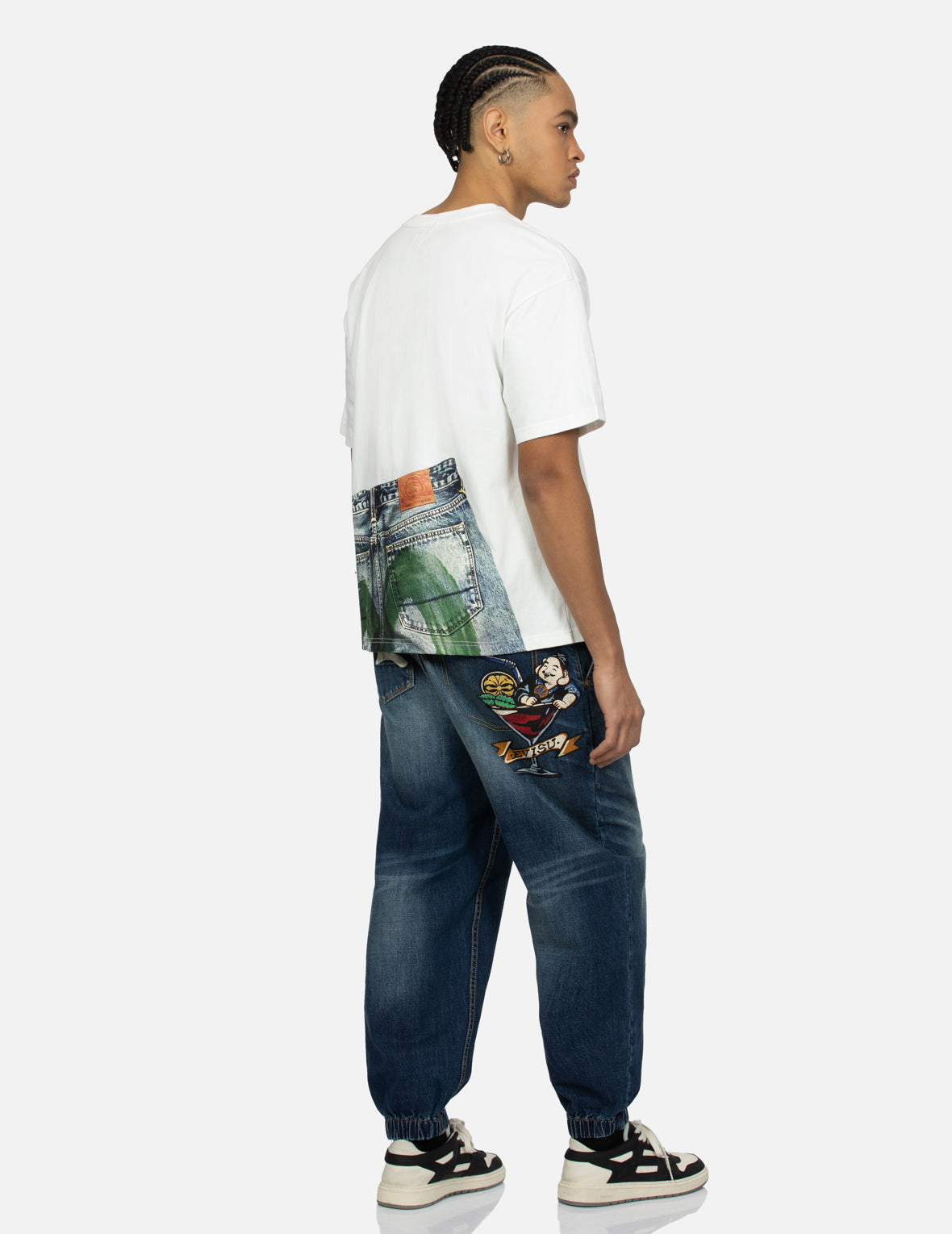 玩樂佛頭印花寬腳束口牛仔褲