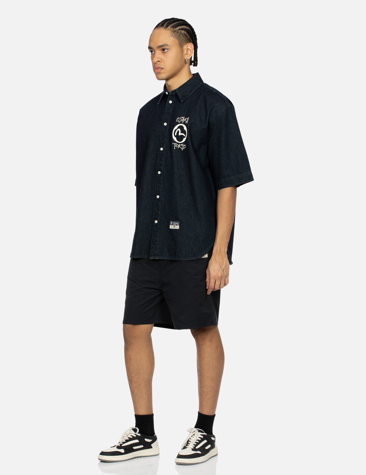 Playful Godhead Print Oversized Woven Shorts