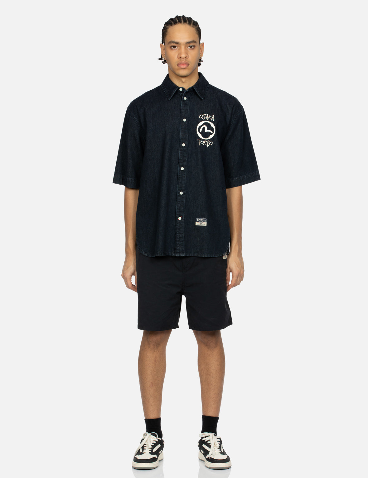 Playful Godhead Print Oversized Woven Shorts