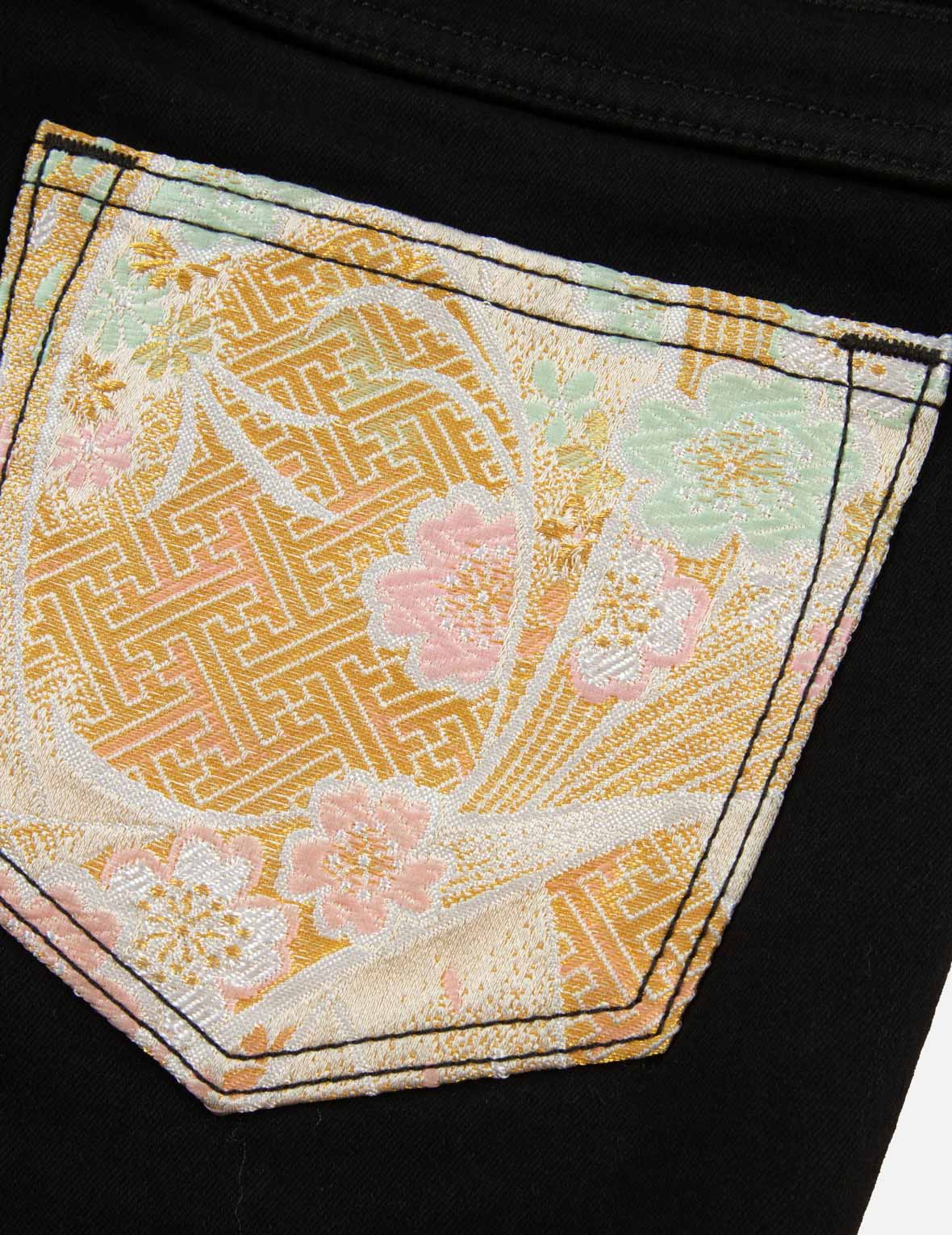 家花和百花織錦貼布身牛仔褲