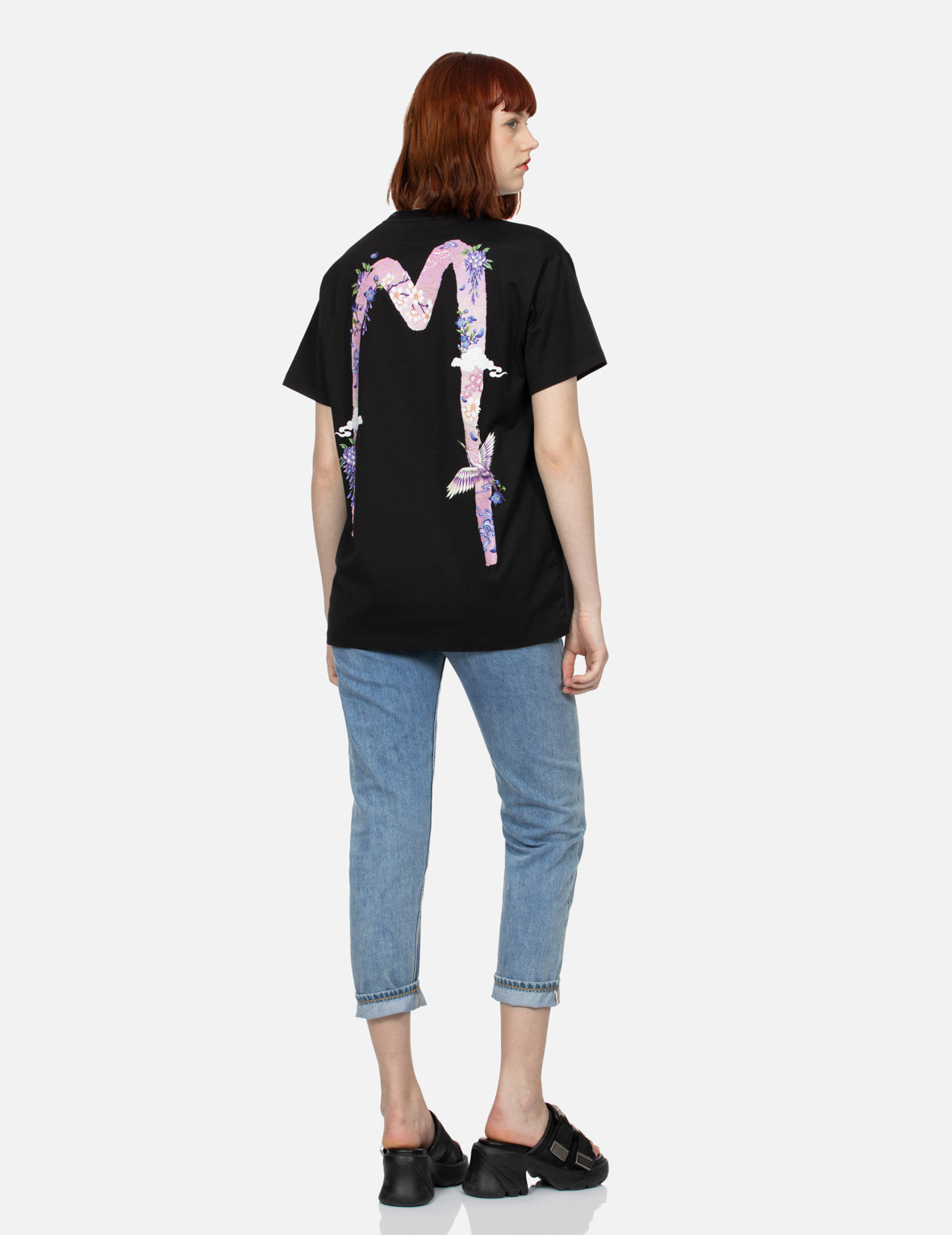 Seagull Embroidery and Wisteria Print Relax Fit Jeans