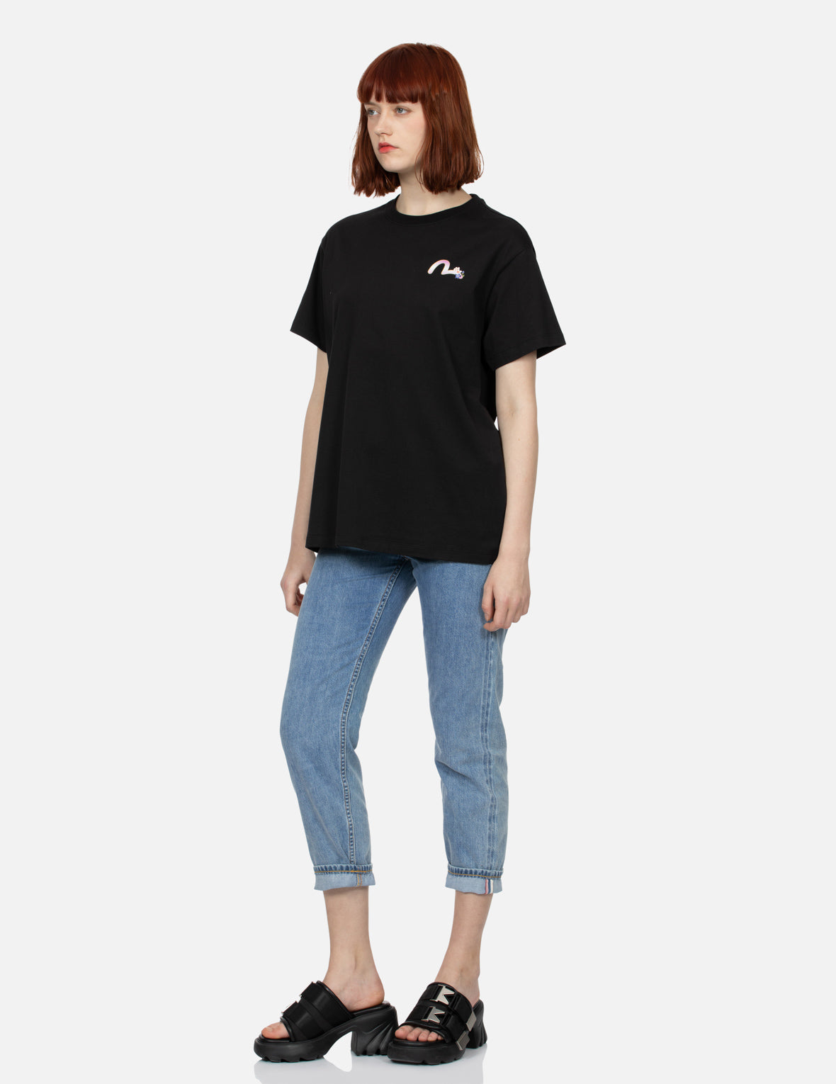 Seagull Embroidery and Wisteria Print Relax Fit Jeans
