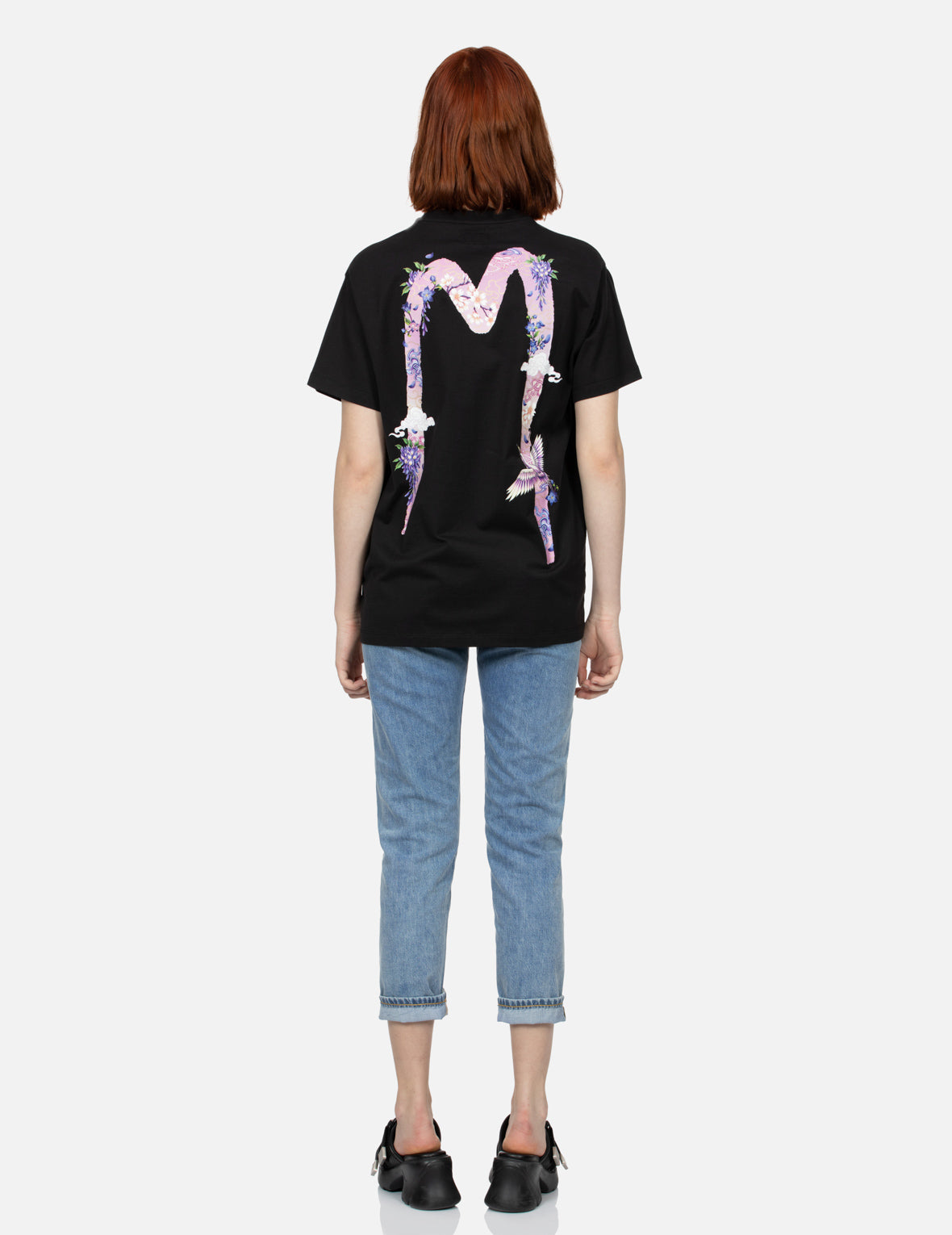 Seagull Embroidery and Wisteria Print Relax Fit Jeans