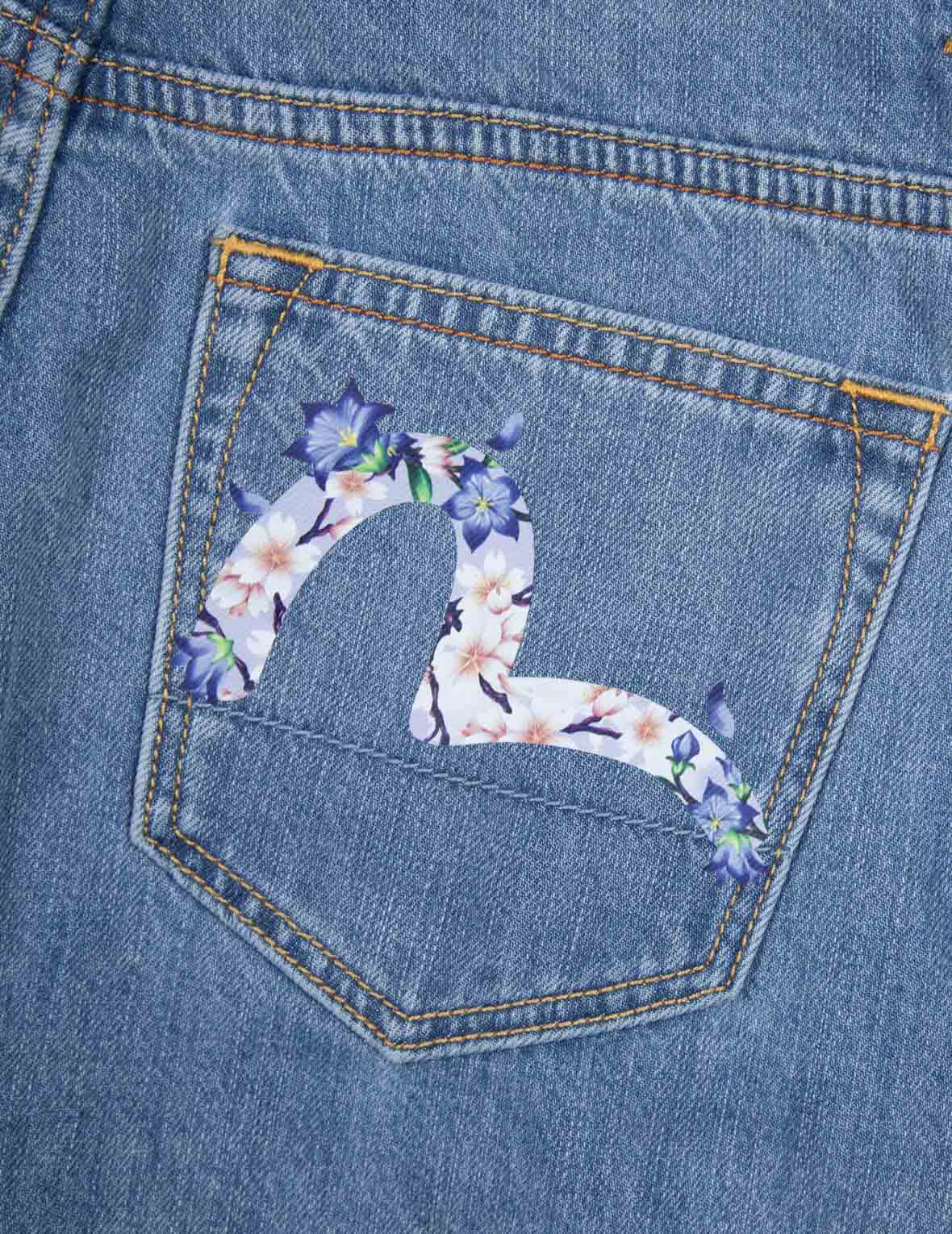 Seagull Embroidery and Wisteria Print Relax Fit Jeans